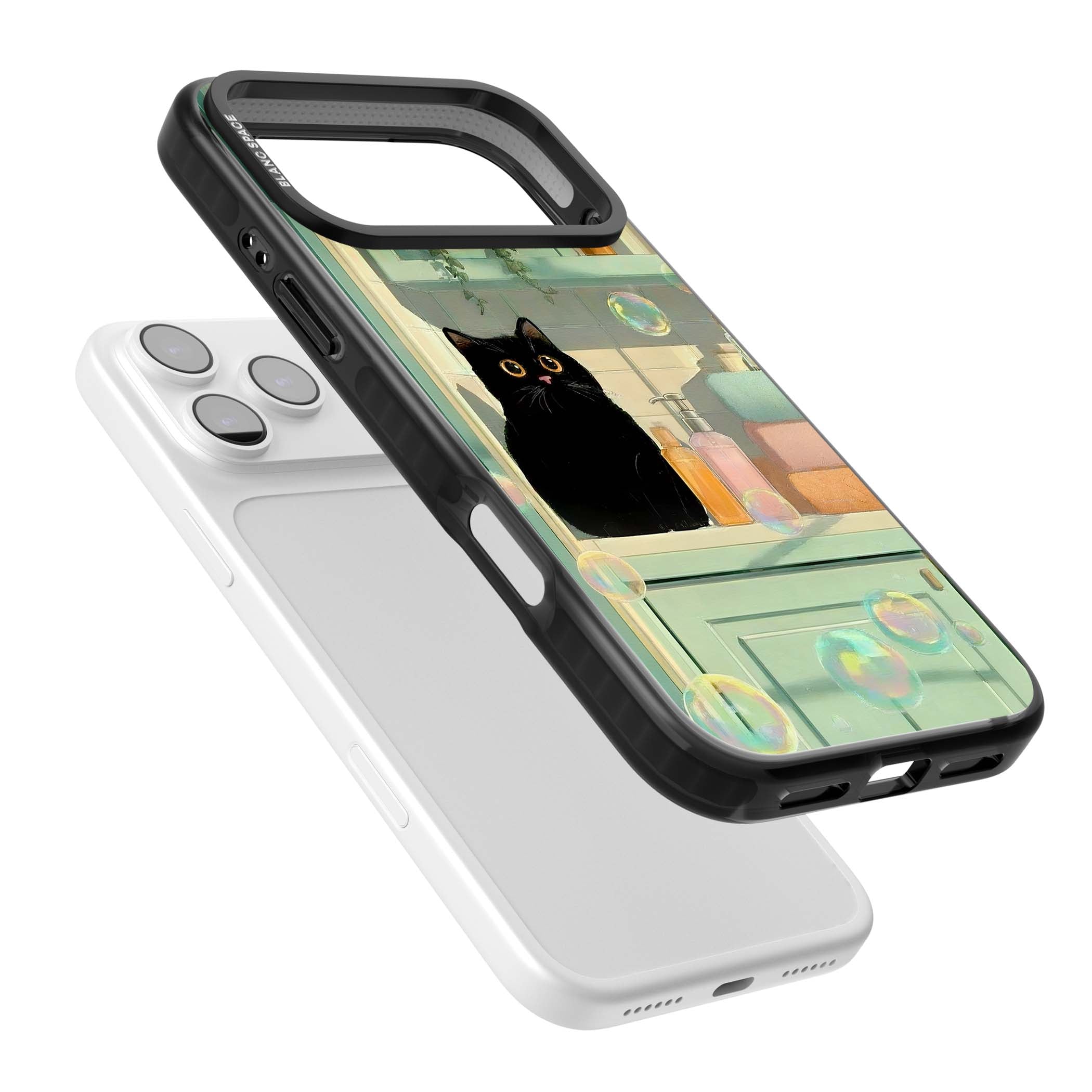 Bathroom Bubble Kitty cottagecore iPhone case featuring a black cat, mint bathroom scene and floating soap bubbles | Black Impact Magsafe case for iPhone 17 Pro, iPhone 17 Pro Max