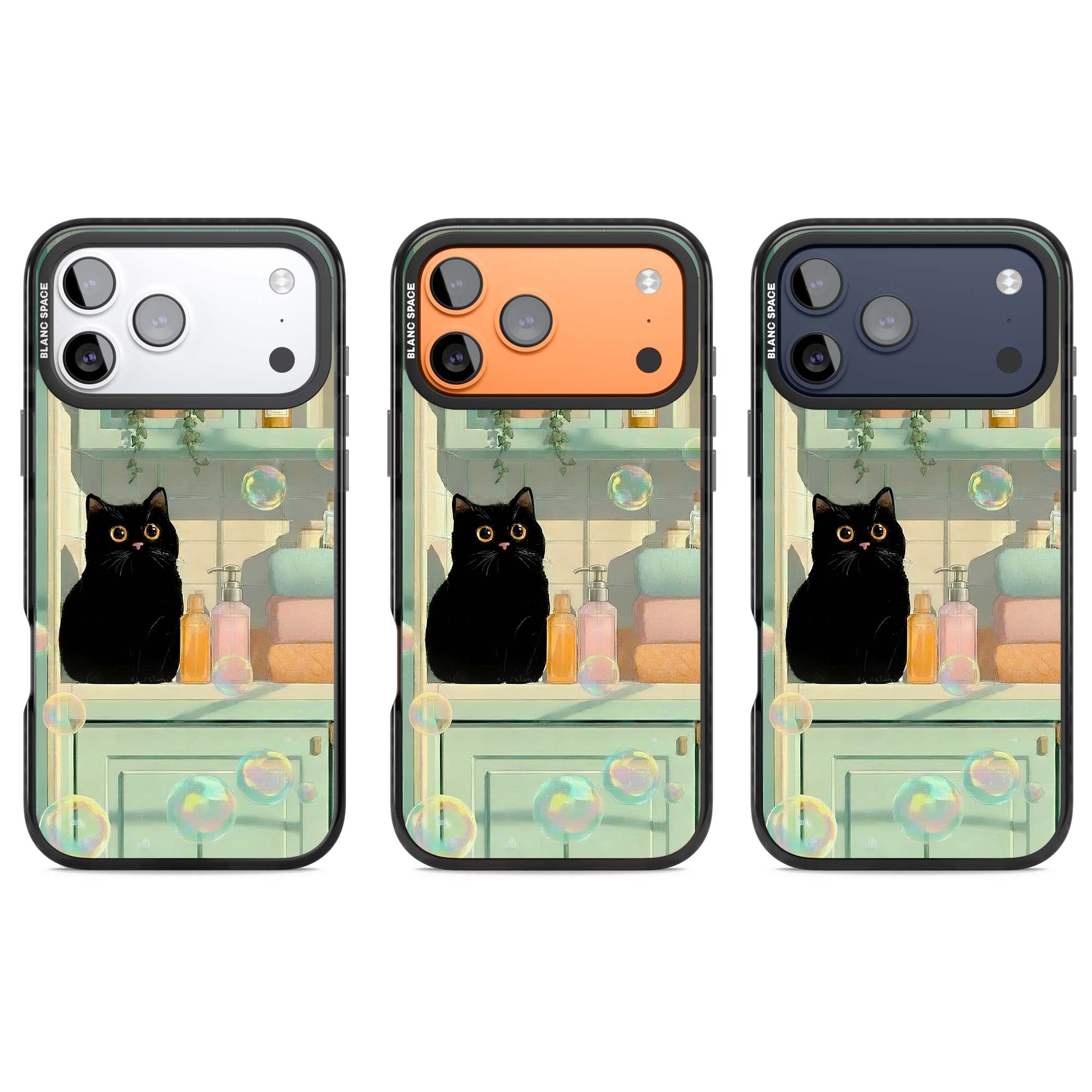 Bathroom Bubble Kitty cottagecore iPhone case featuring a black cat, mint bathroom scene and floating soap bubbles | Black Impact Magsafe case for iPhone 17 Pro, iPhone 17 Pro Max