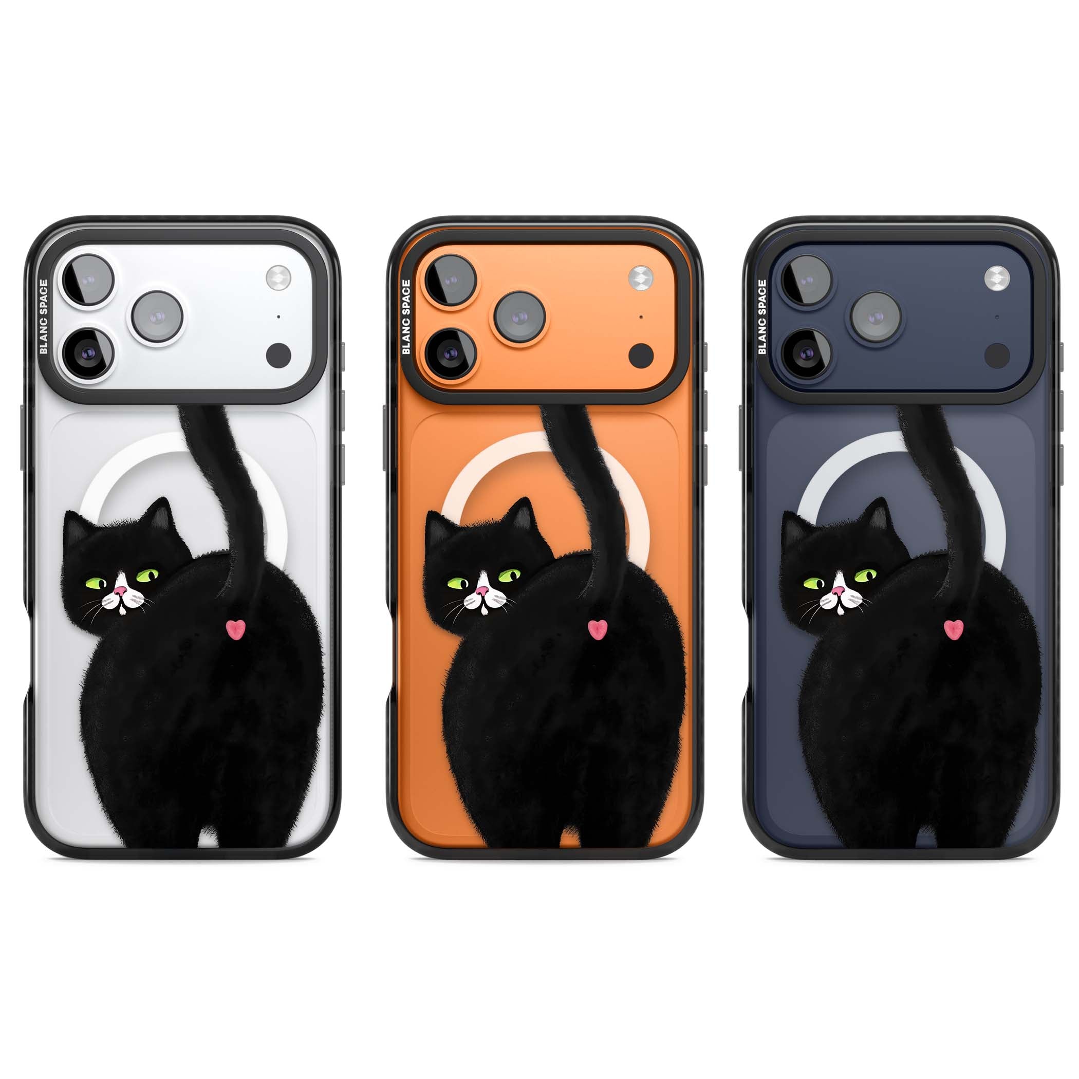 The Cat's Kiss cute cat iPhone case featuring a hand-painted tuxedo kitty with green eyes and a pink heart on a clear | Black Impact Magsafe case for iPhone 17 Pro, iPhone 17 Pro Max