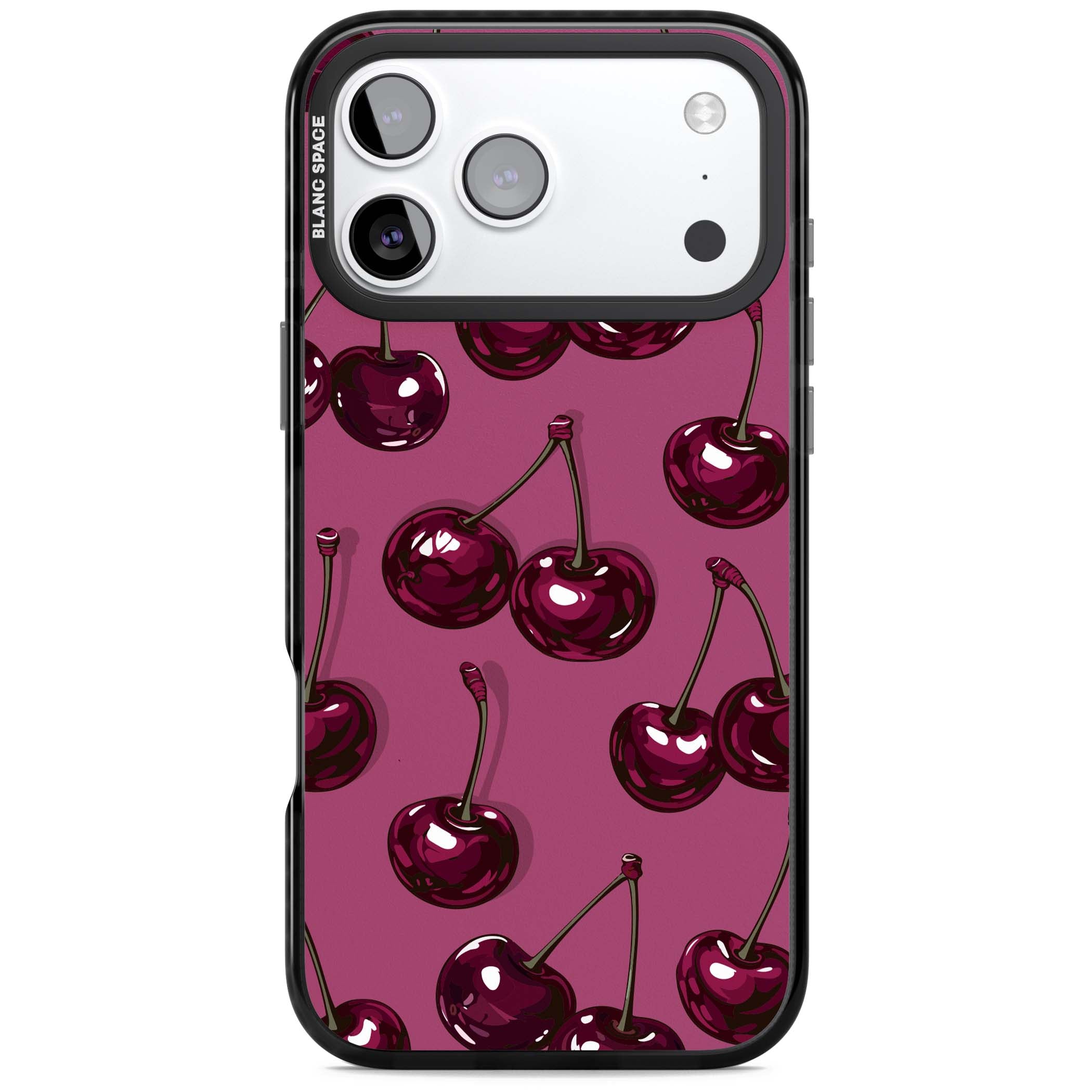 Cherry Soda coquette iPhone case featuring glossy burgundy cherries on a dusty pink background | Black Impact Magsafe case for iPhone 17 Pro, iPhone 17 Pro Max