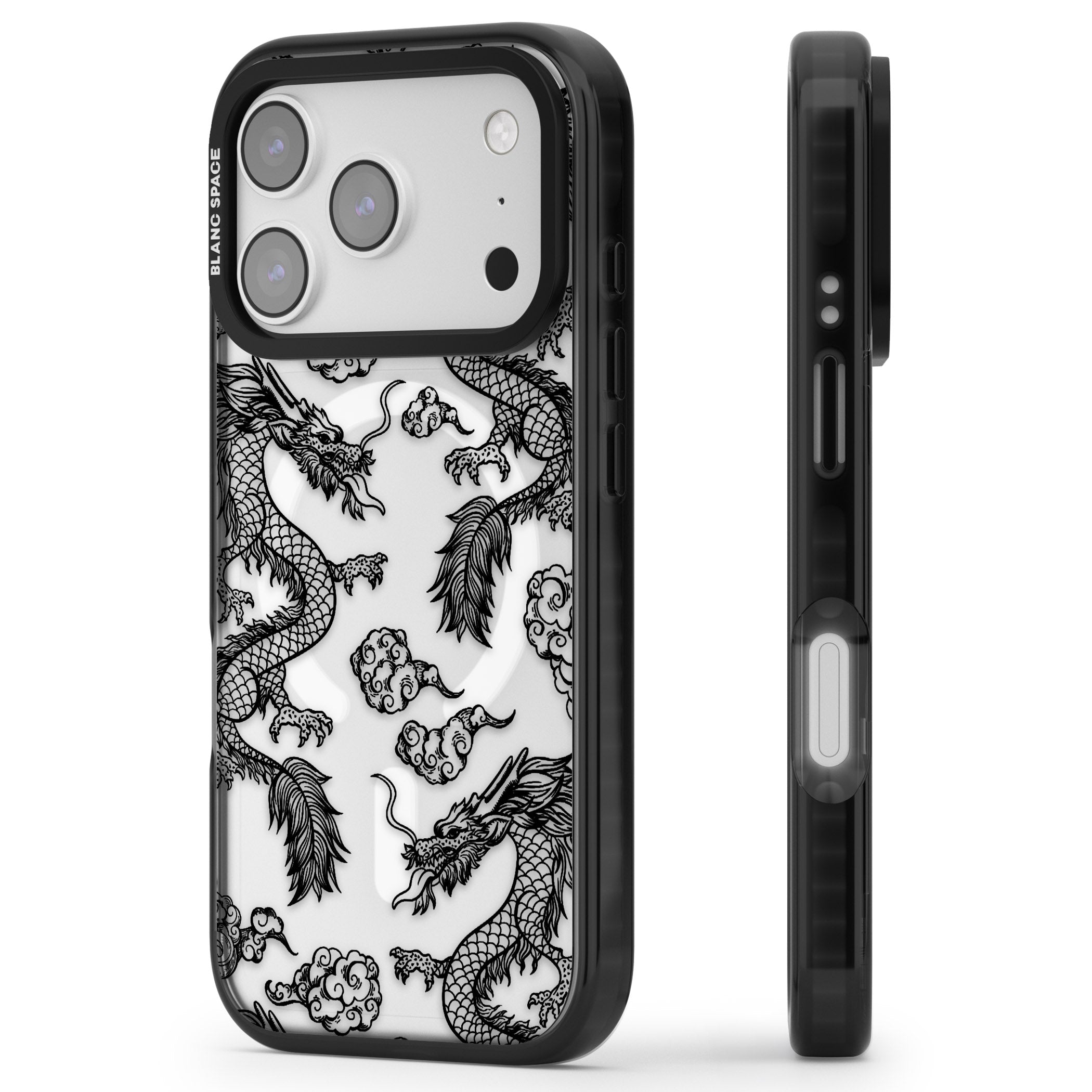 Black Dragon Pattern iPhone 17 Pro Max Impact Pro Black Phone Case Side Profile