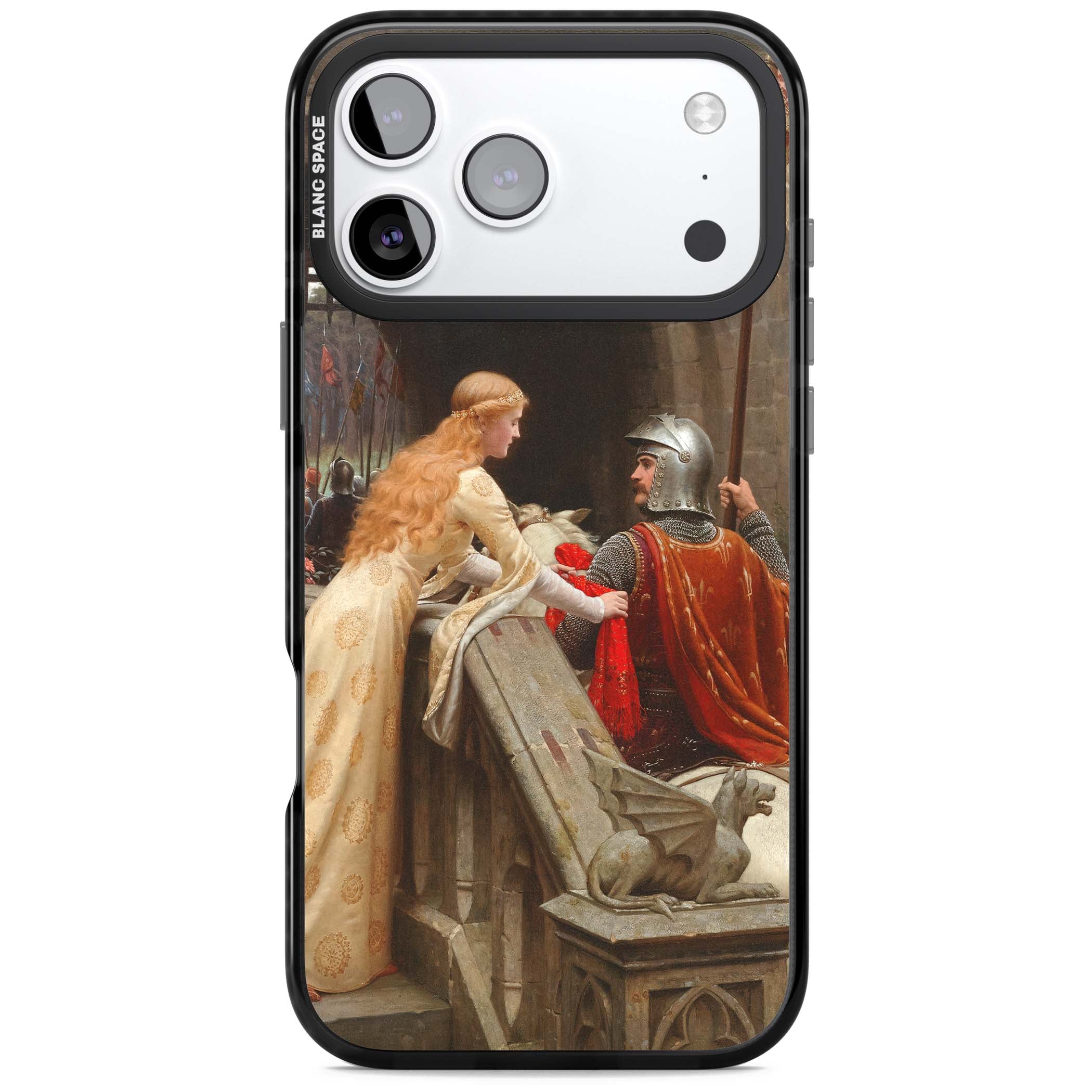 God Speed fine art iPhone case featuring Edmund Blair Leighton's medieval knight and lady beneath a stone archway | Black Impact Magsafe case for iPhone 17 Pro, iPhone 17 Pro Max