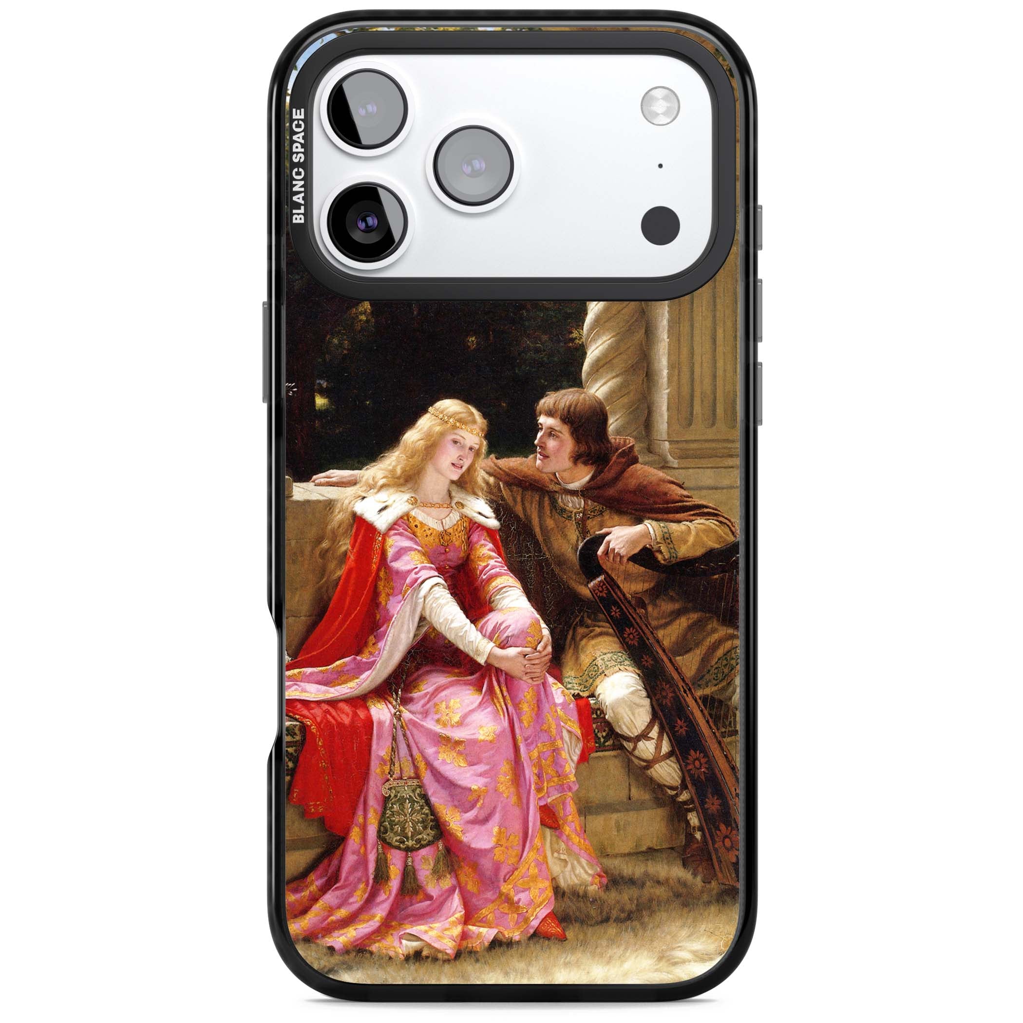 The End of the Song classic art iPhone case featuring a medieval lady in pink gown and her knight in a stone archway | Black Impact Magsafe case for iPhone 17 Pro, iPhone 17 Pro Max