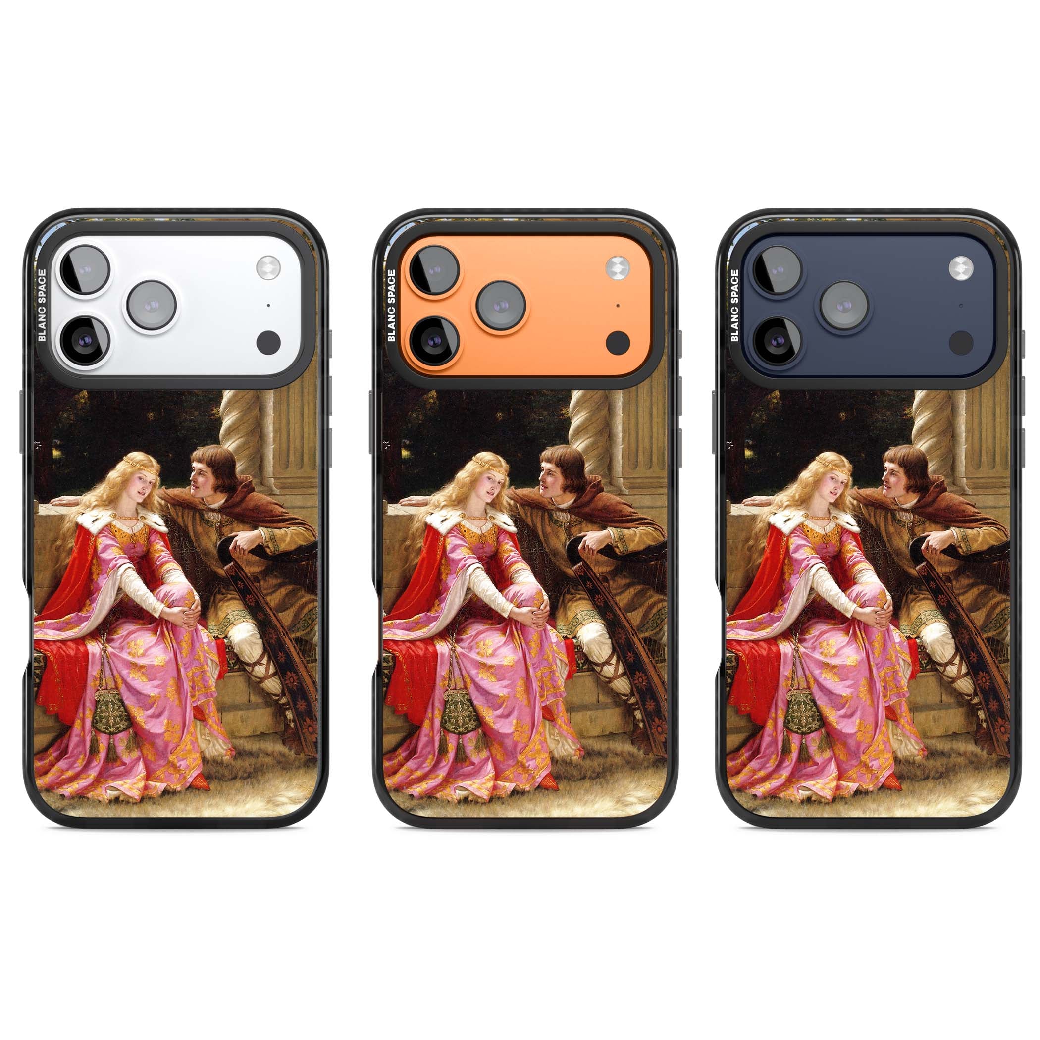The End of the Song classic art iPhone case featuring a medieval lady in pink gown and her knight in a stone archway | Black Impact Magsafe case for iPhone 17 Pro, iPhone 17 Pro Max