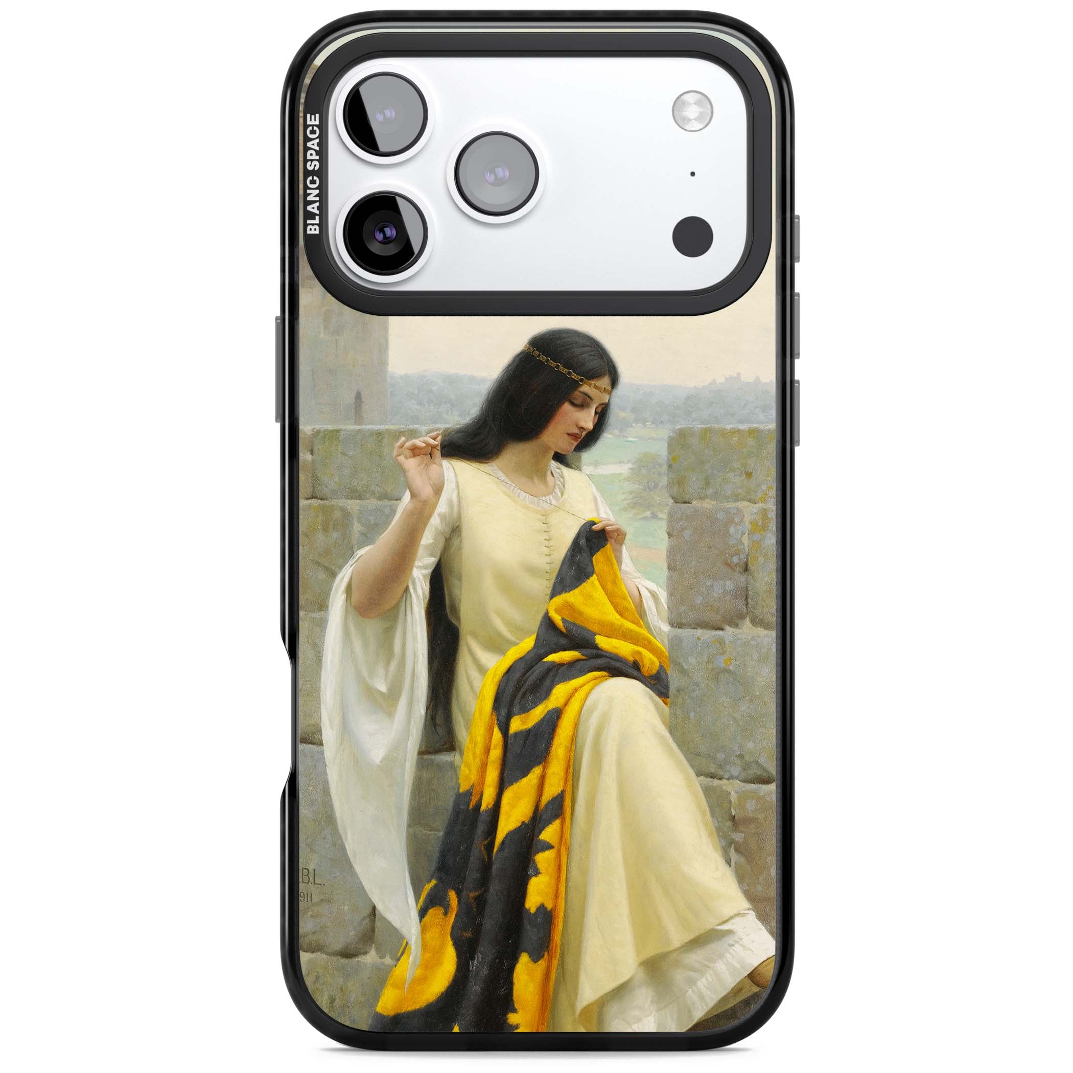 Stitching the Standard renaissance art iPhone case featuring a medieval lady sewing a golden banner on a castle wall | Black Impact Magsafe case for iPhone 17 Pro, iPhone 17 Pro Max