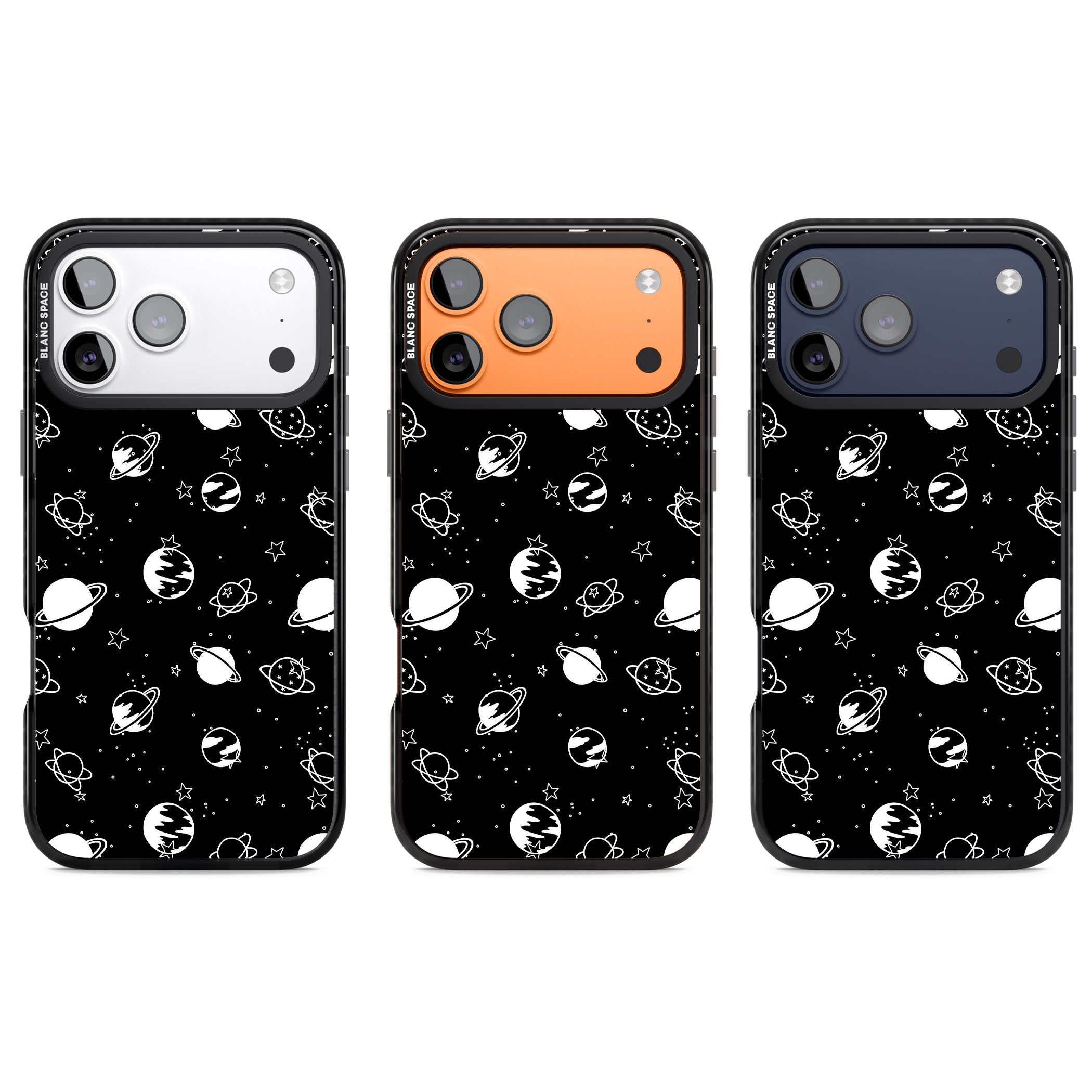 White Planets On Black iPhone 17 Pro Impact Pro Black Phone Case APT Impact Protection