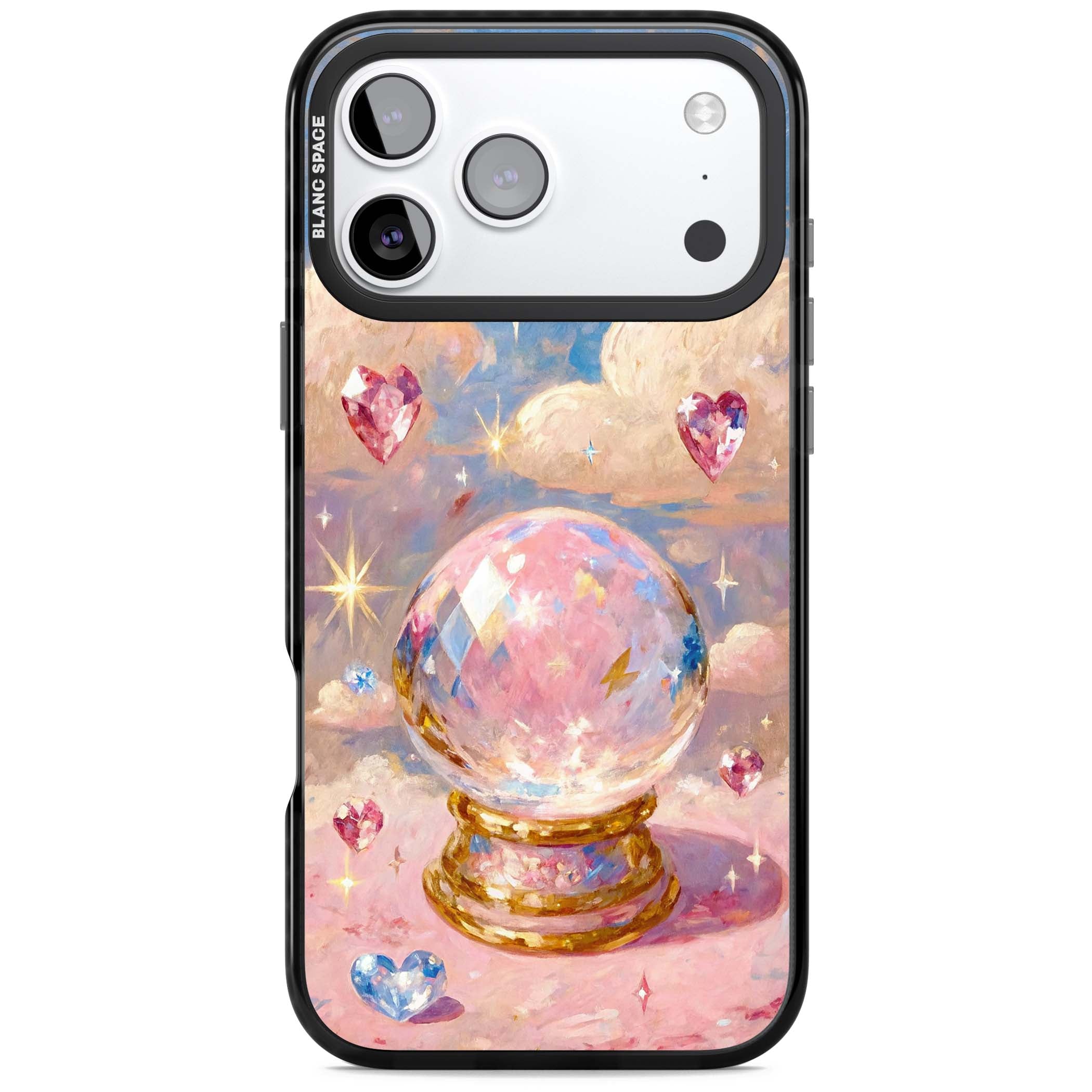 Crystal Ball fairycore iPhone case featuring a painted crystal ball, heart gemstones, and pastel clouds | Black Impact Magsafe case for iPhone 17 Pro, iPhone 17 Pro Max