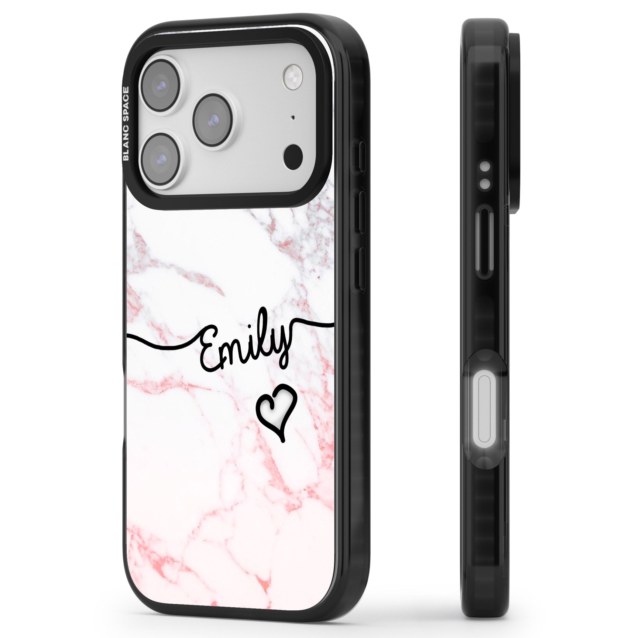 Personalised Pink Fade Marble Heart iPhone 17 Pro Impact Pro Black Phone Case Side Profile