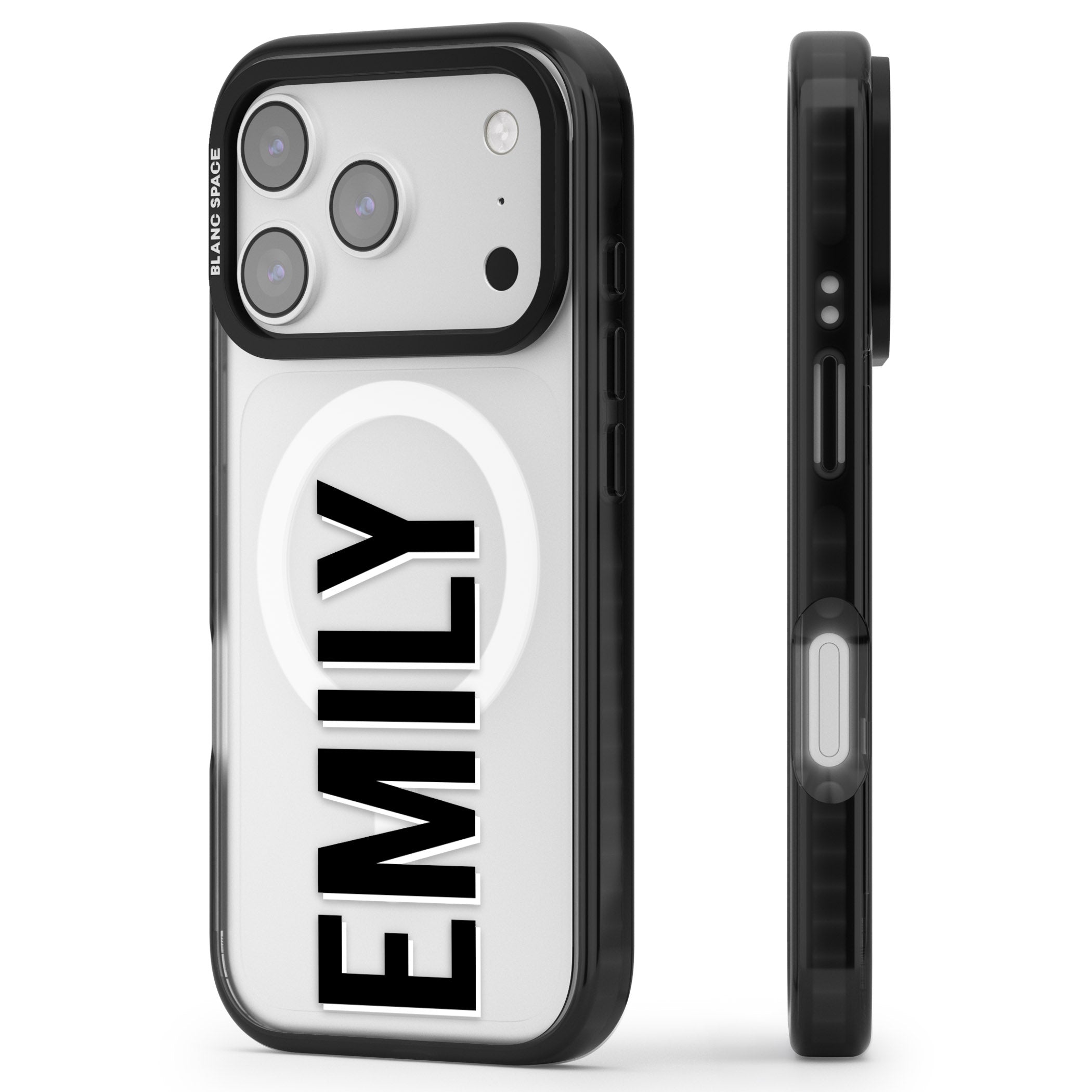 Personalised Vertical Name iPhone 17 Pro Max Impact Pro Black Phone Case Side Profile