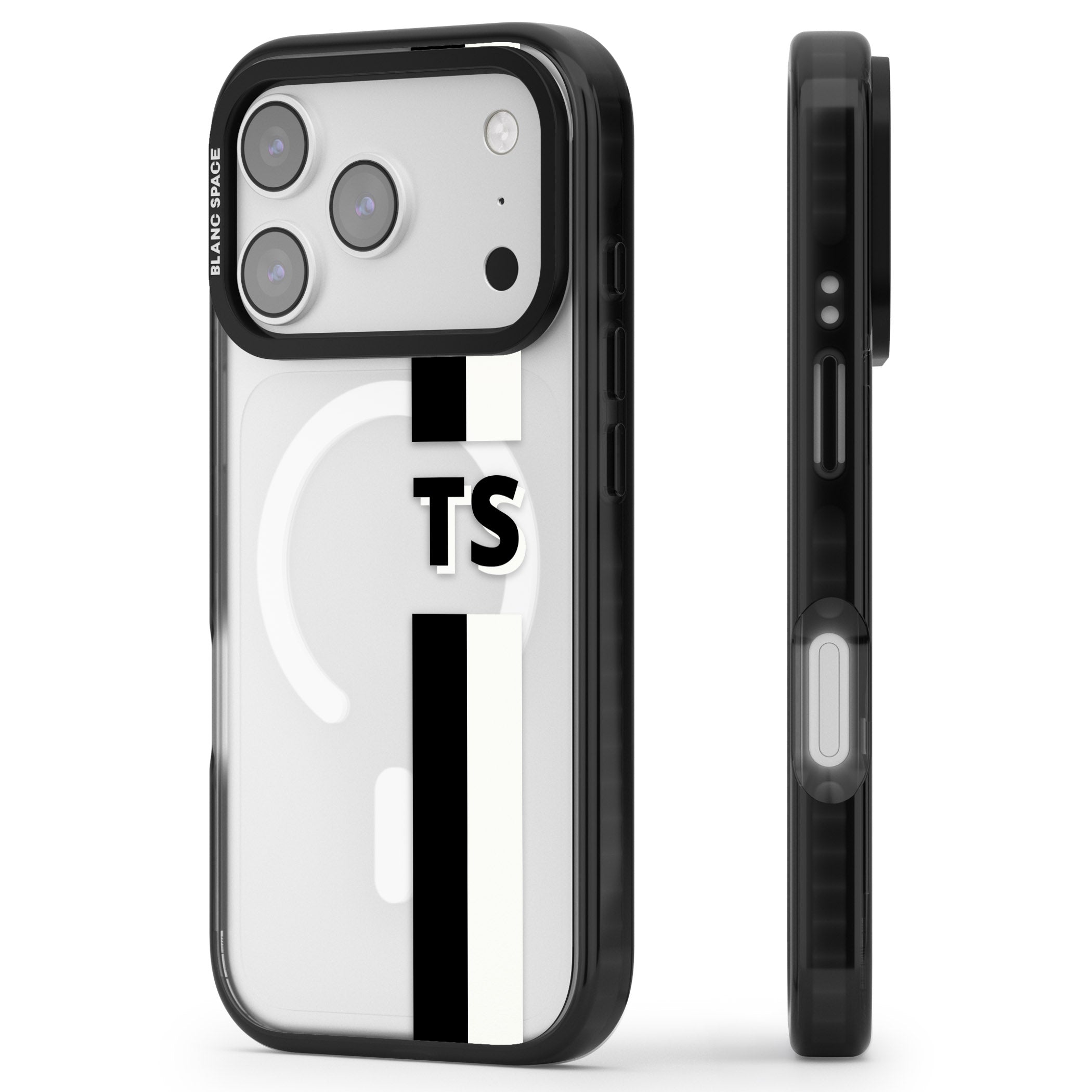 Personalised Black And White Stripe iPhone 17 Pro Impact Pro Black Phone Case Side Profile