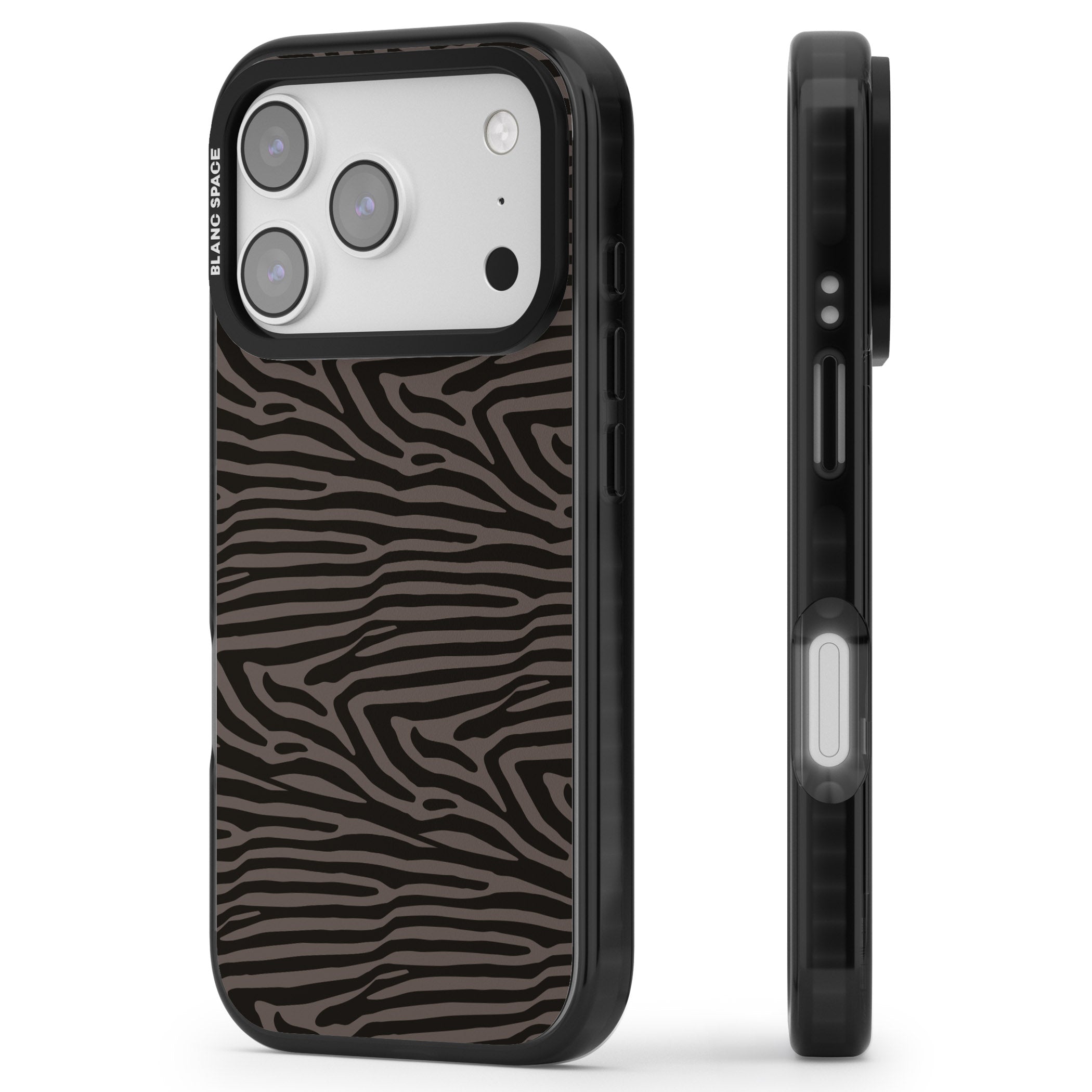 Dark Zebra Print iPhone 17 Pro Impact Pro Black Phone Case Side Profile