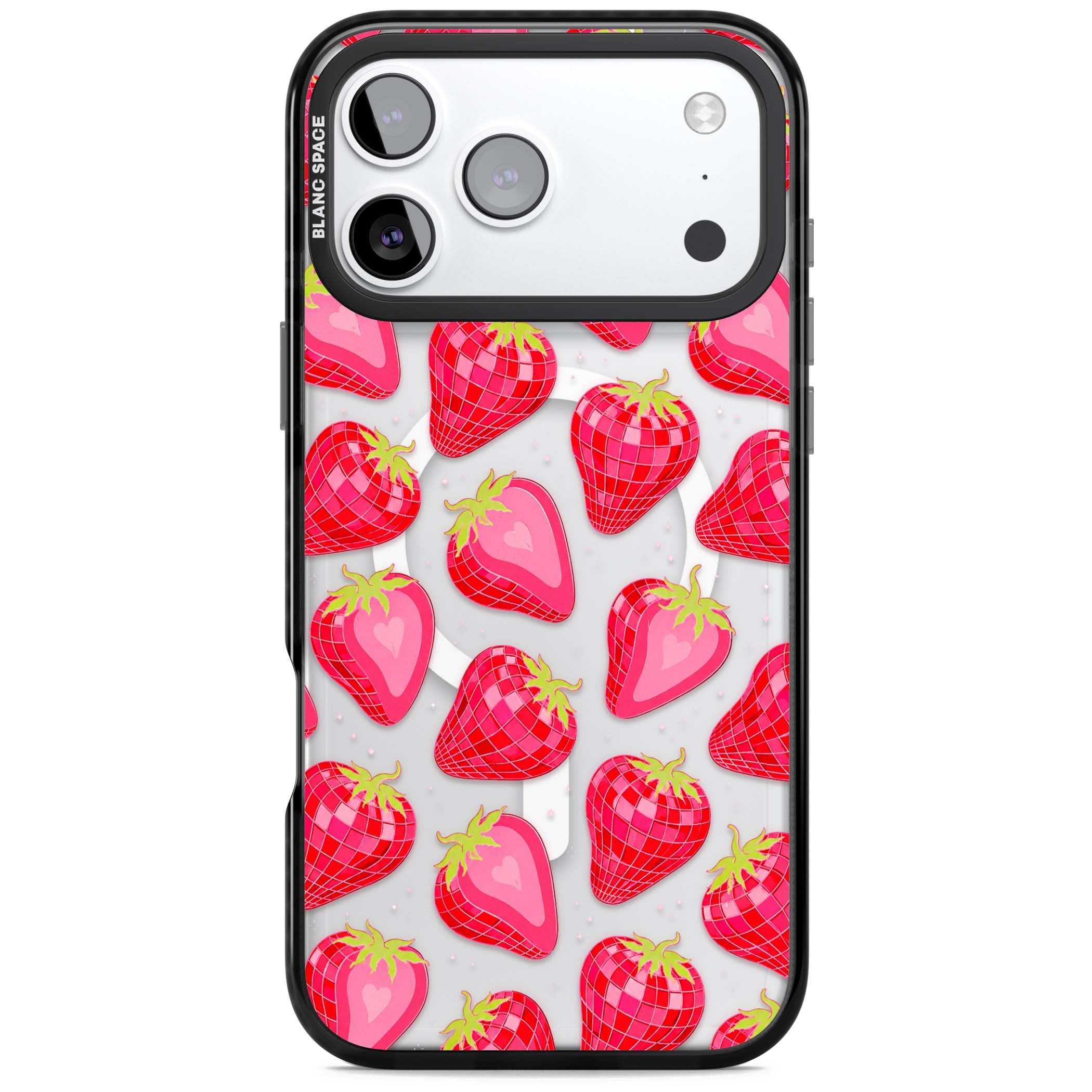 Disco Strawberry Y2K iPhone case featuring pink disco-ball strawberries, green leaves and tiny sparkles | Black Impact Magsafe case for iPhone 17 Pro, iPhone 17 Pro Max