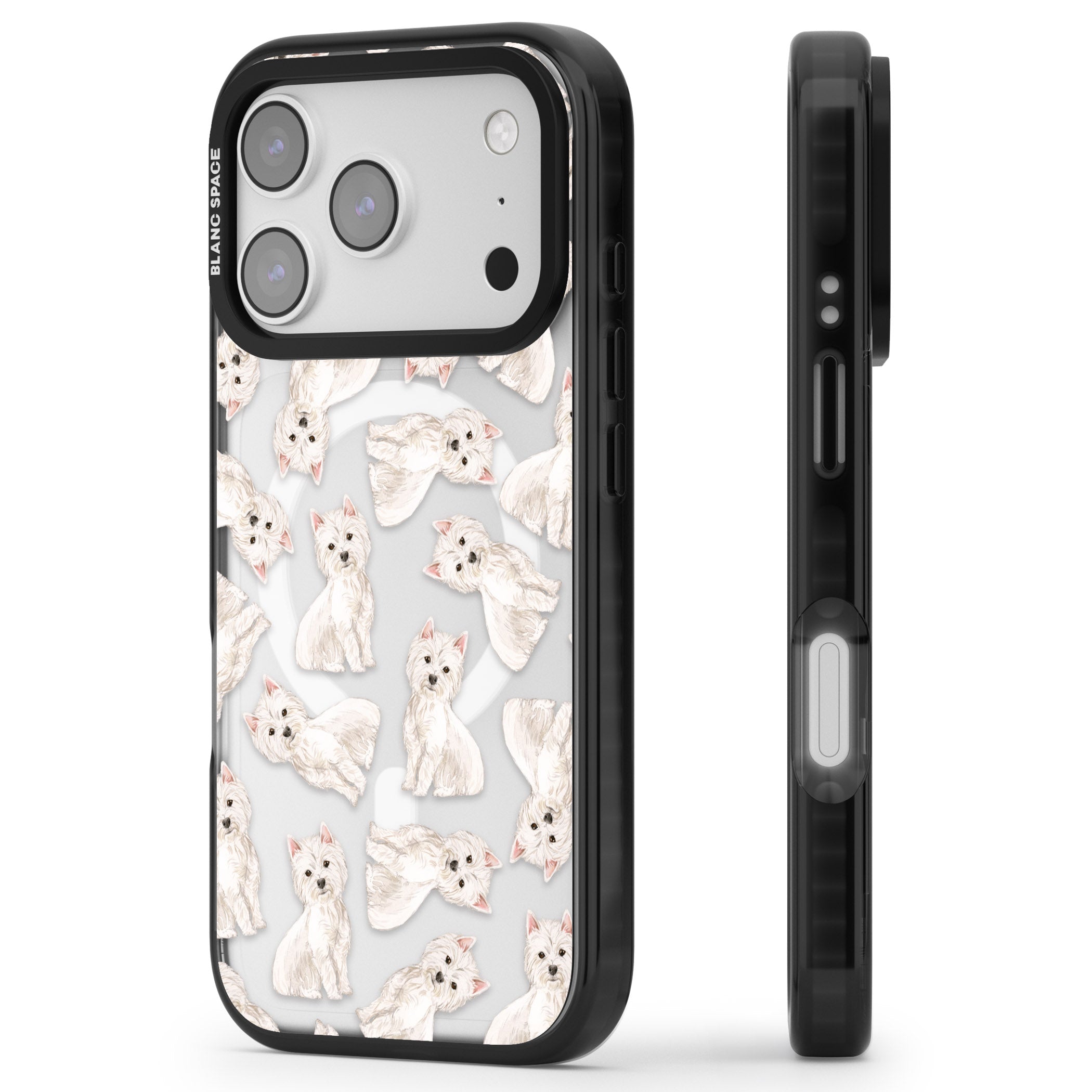 Westie Dog Pattern iPhone 17 Pro Max Impact Pro Black Phone Case Side Profile