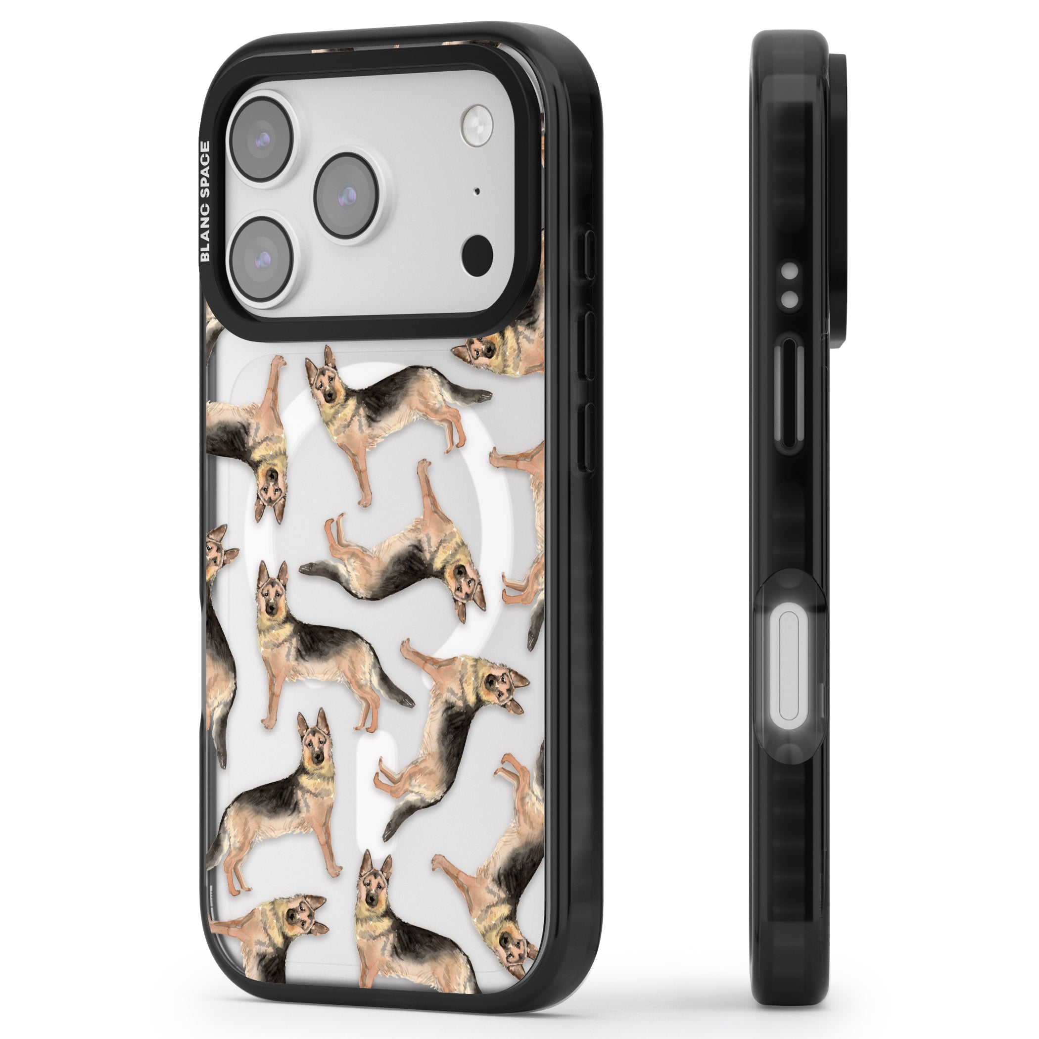 German Shepherd Pattern Classic iPhone 17 Pro Impact Pro Black Phone Case Side Profile