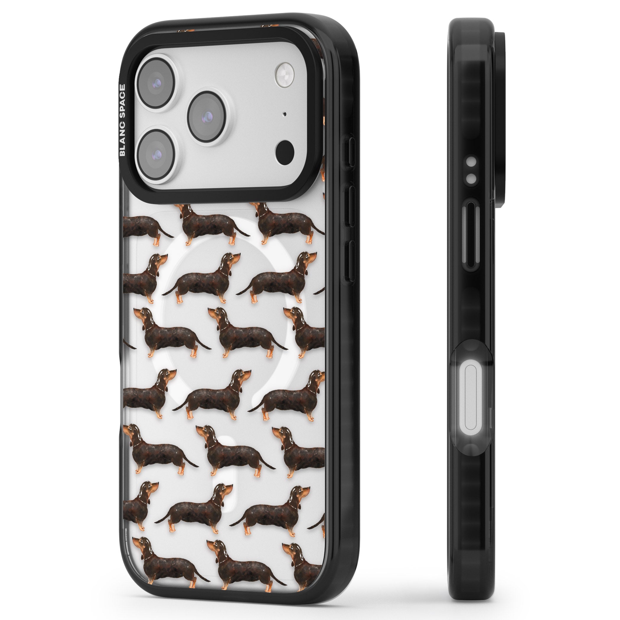 Dachshund Pattern Black Tan iPhone 17 Pro Max Impact Pro Black Phone Case Side Profile