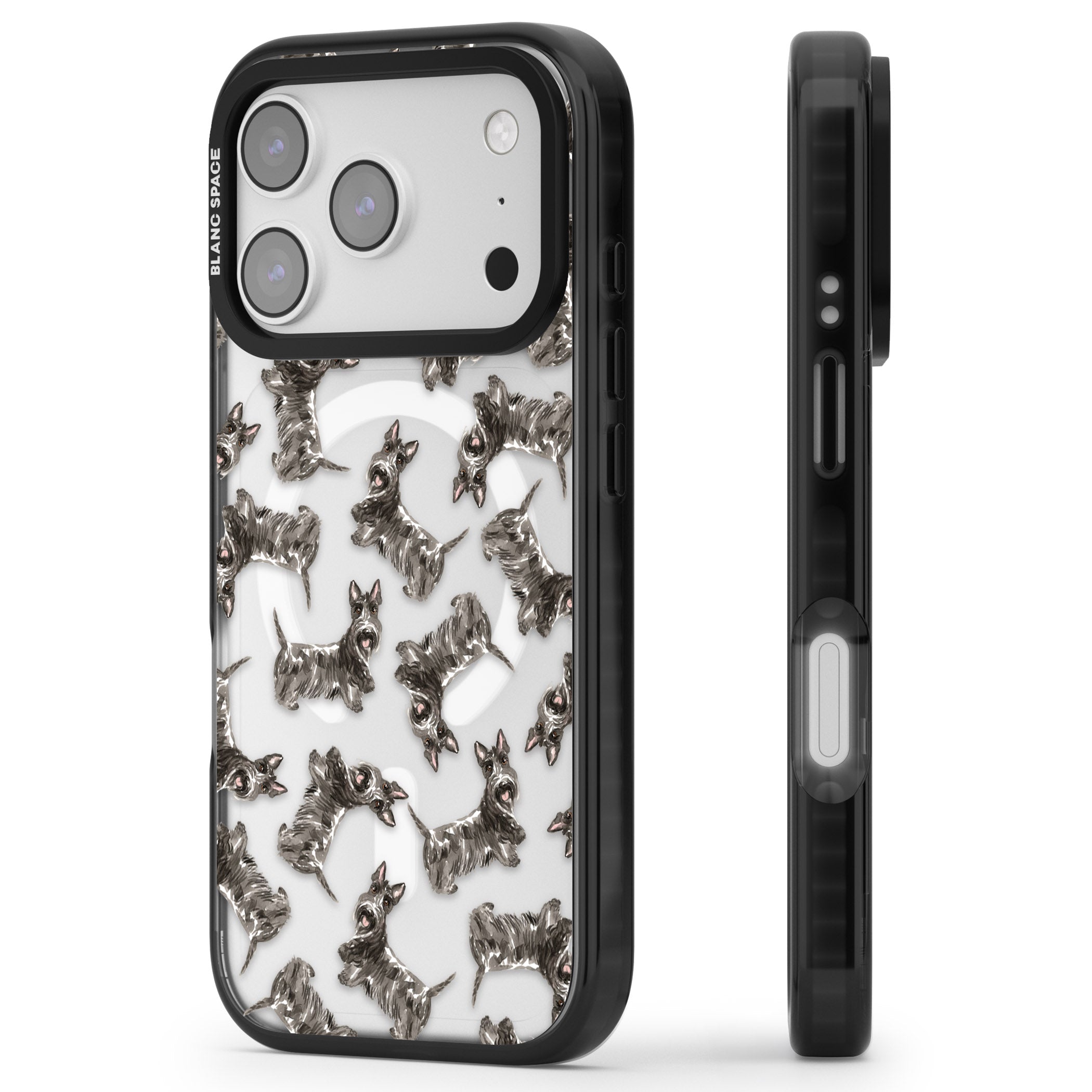 Scottish Terrier Pattern iPhone 17 Pro Impact Pro Black Phone Case Side Profile
