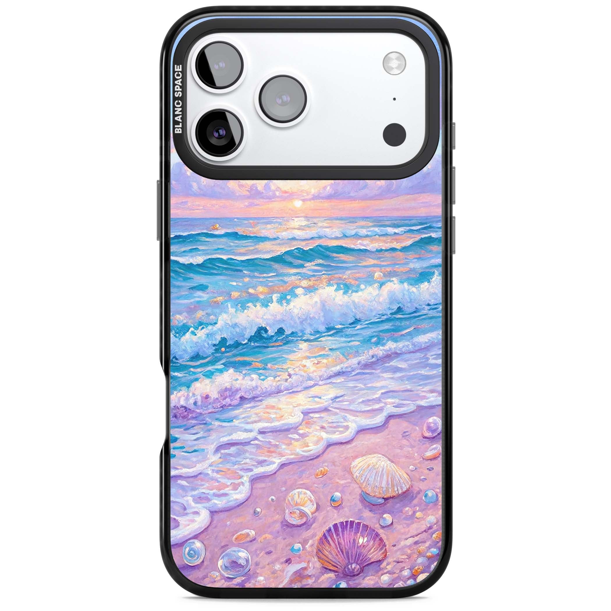 Pearl Shore coastal iPhone case featuring pastel painted waves, seashells, and a sunrise sky over a lavender beach. | Black Impact Magsafe case for iPhone 17 Pro, iPhone 17 Pro Max