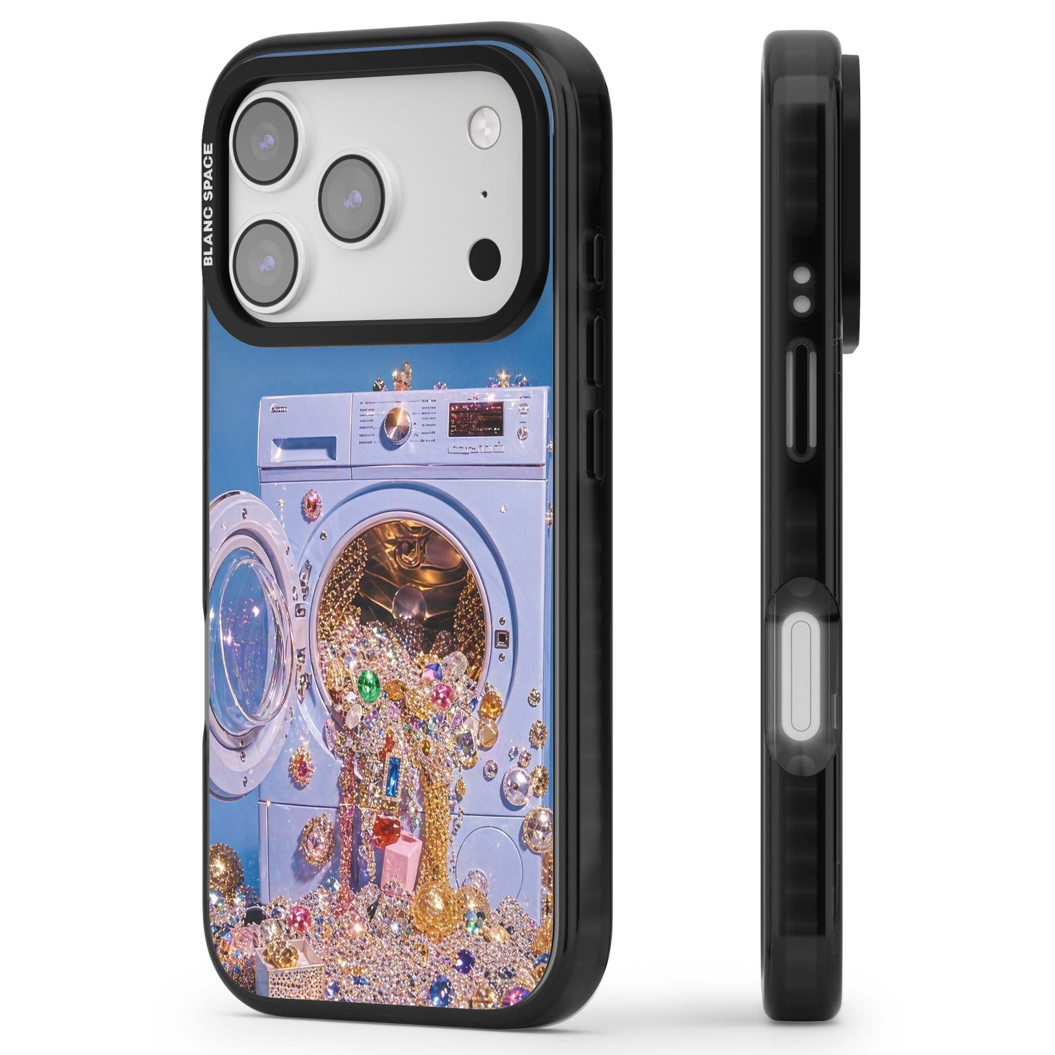 Gem Laundry baddie iPhone case featuring a surreal washing machine overflowing with colourful gemstones and crystals | Black Impact Magsafe case for iPhone 17 Pro, iPhone 17 Pro Max