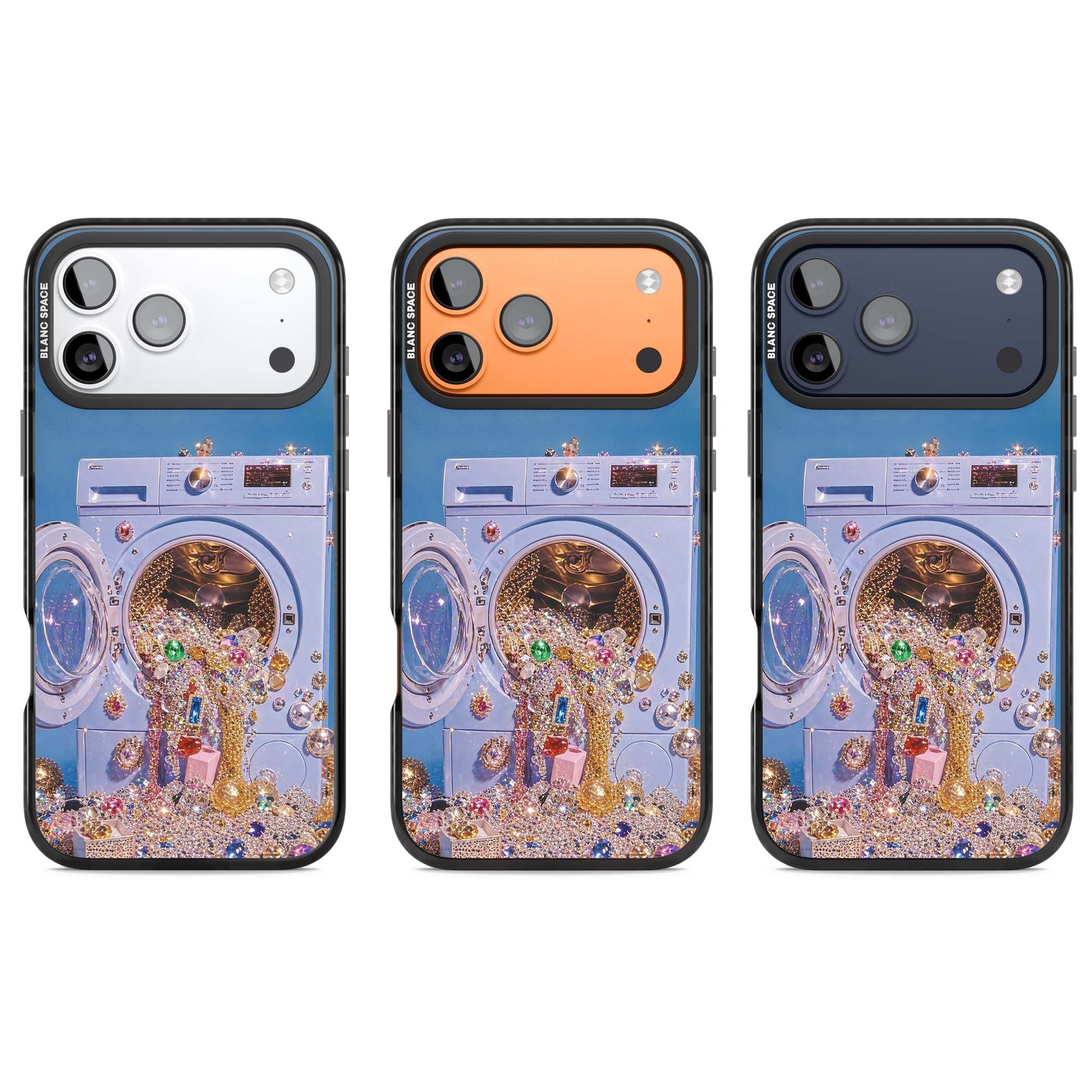 Gem Laundry baddie iPhone case featuring a surreal washing machine overflowing with colourful gemstones and crystals | Black Impact Magsafe case for iPhone 17 Pro, iPhone 17 Pro Max
