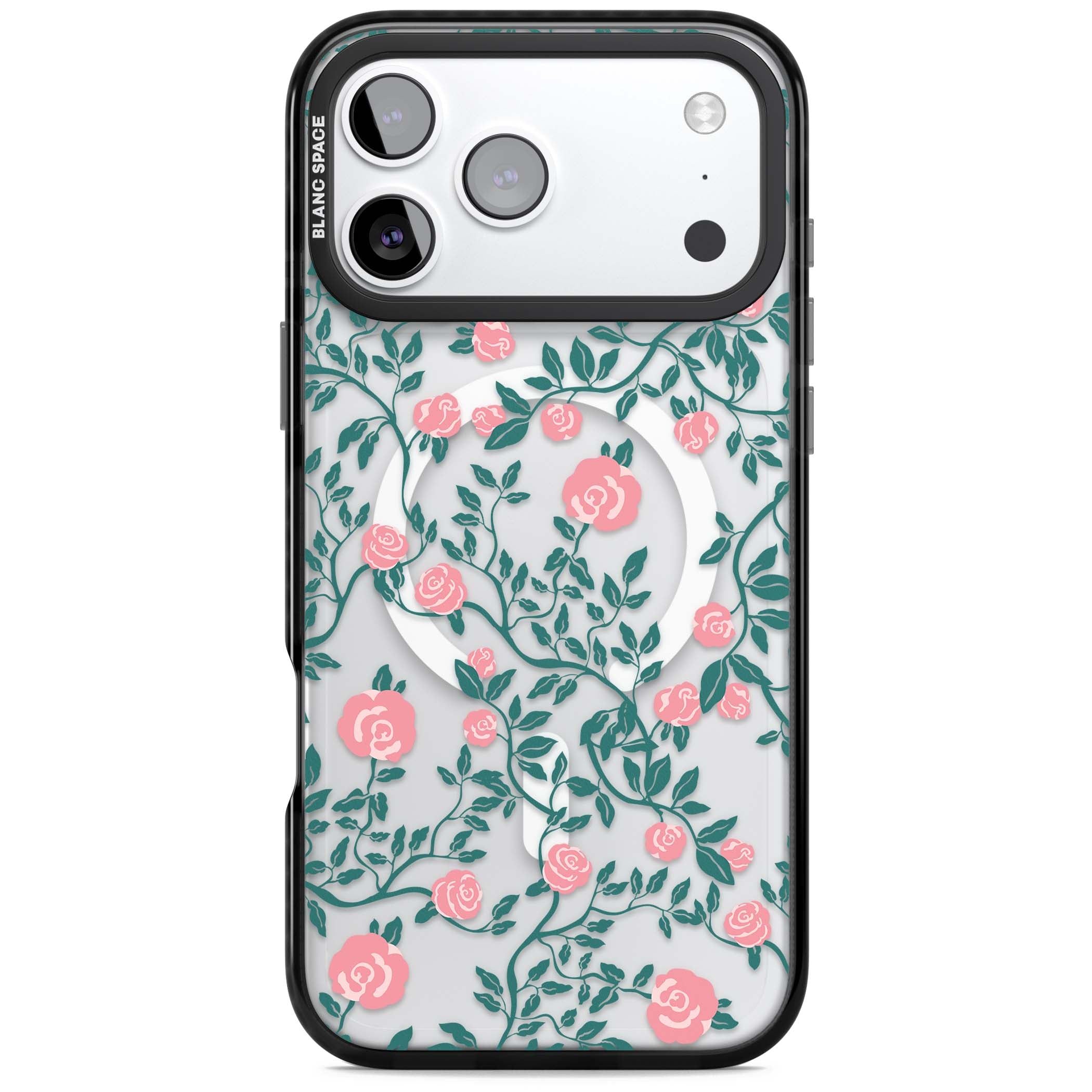 Rose Trellis (Clear) cottagecore iPhone case featuring pink climbing roses and green leaves on clear background | Black Impact Magsafe case for iPhone 17 Pro, iPhone 17 Pro Max