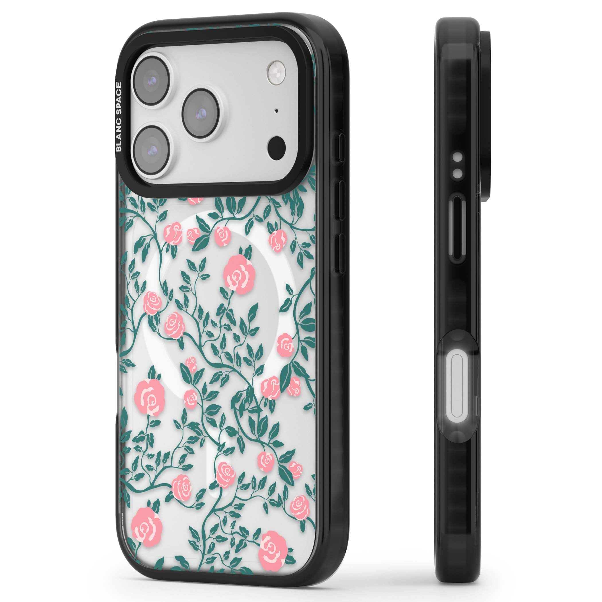 Rose Trellis (Clear) cottagecore iPhone case featuring pink climbing roses and green leaves on clear background | Black Impact Magsafe case for iPhone 17 Pro, iPhone 17 Pro Max