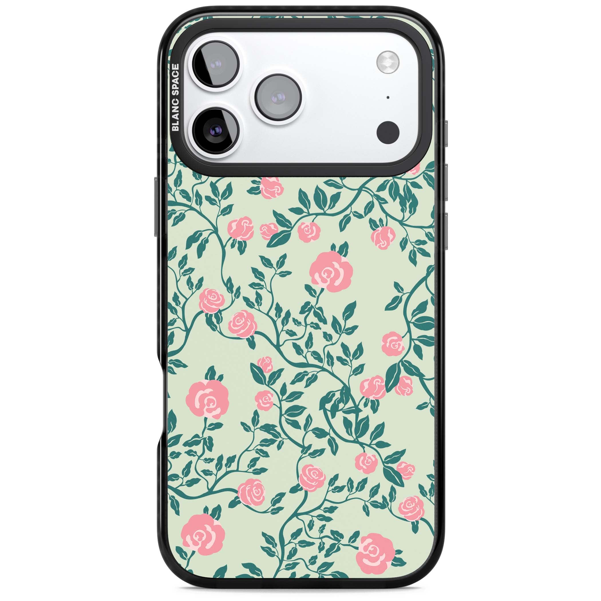 Rose Trellis cottagecore iPhone case featuring pink roses, sage green vines, and mint background | Black Impact Magsafe case for iPhone 17 Pro, iPhone 17 Pro Max