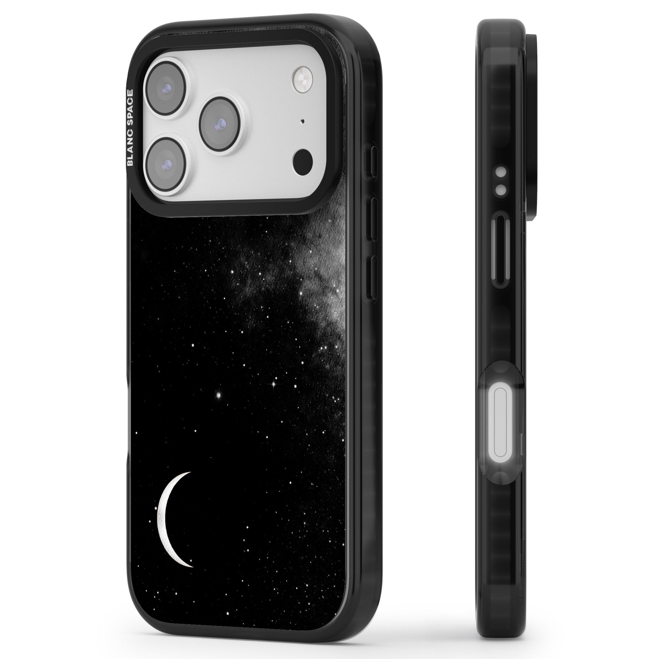 Night Sky Galaxies: Crescent Moon iPhone 17 Pro Impact Pro Black Phone Case Side Profile