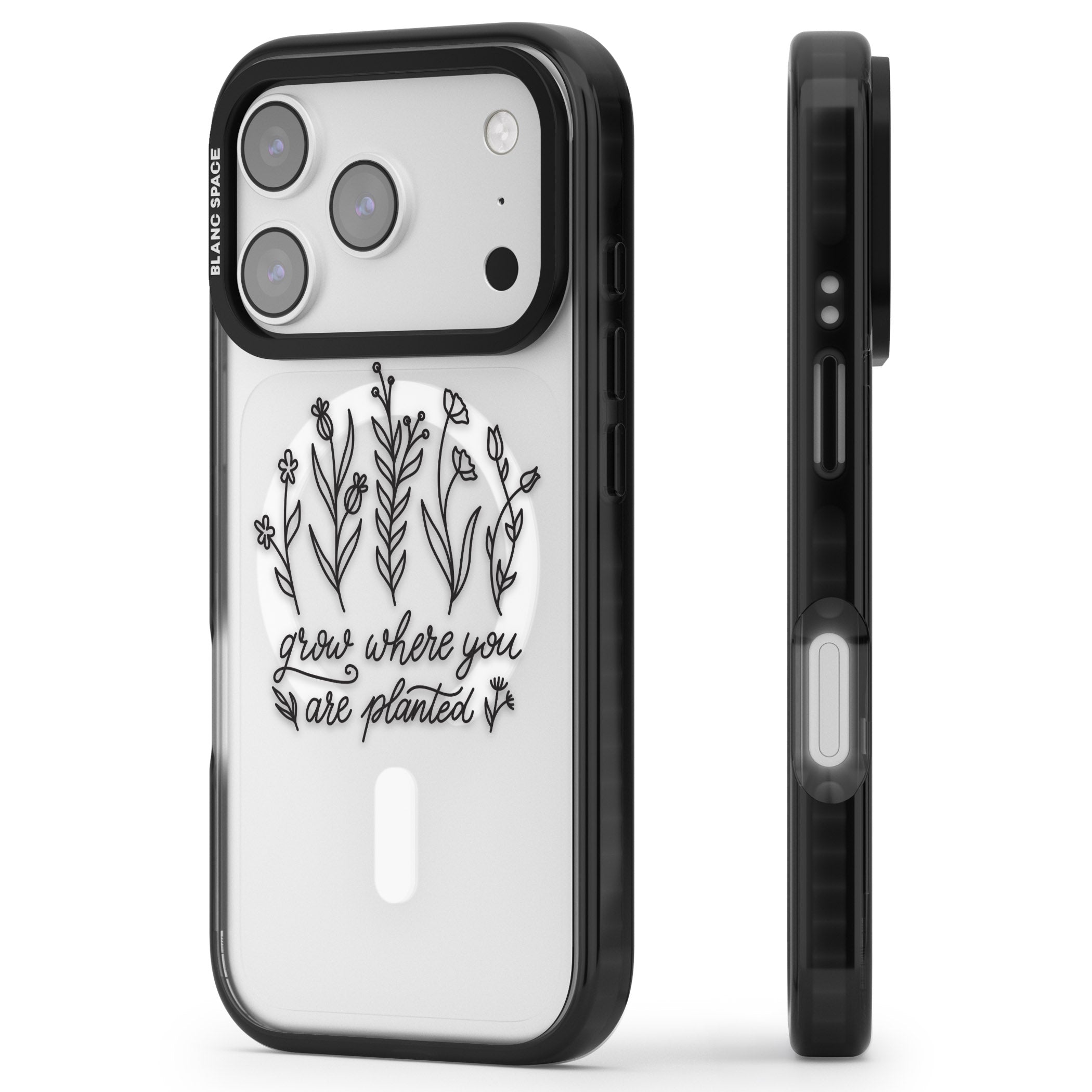 Grow Where You Are Planted iPhone 17 Pro Impact Pro Black Phone Case Side Profile