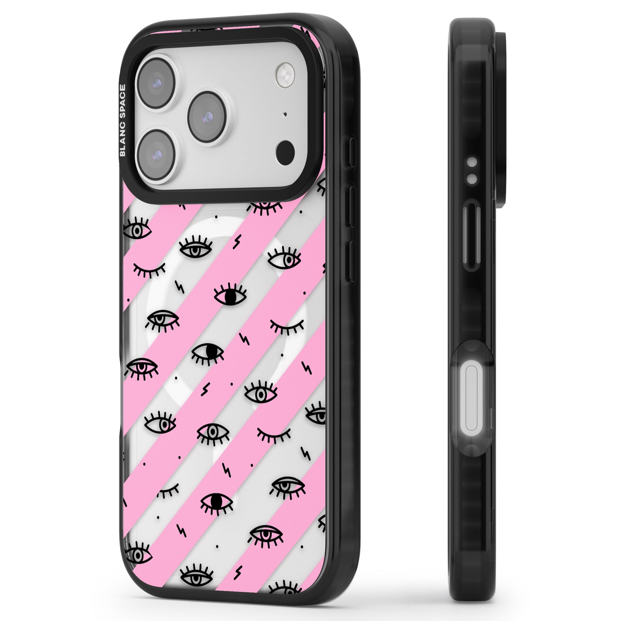 Pink Stripe Eyes iPhone 17 Pro Max Impact Pro Black Phone Case Side Profile