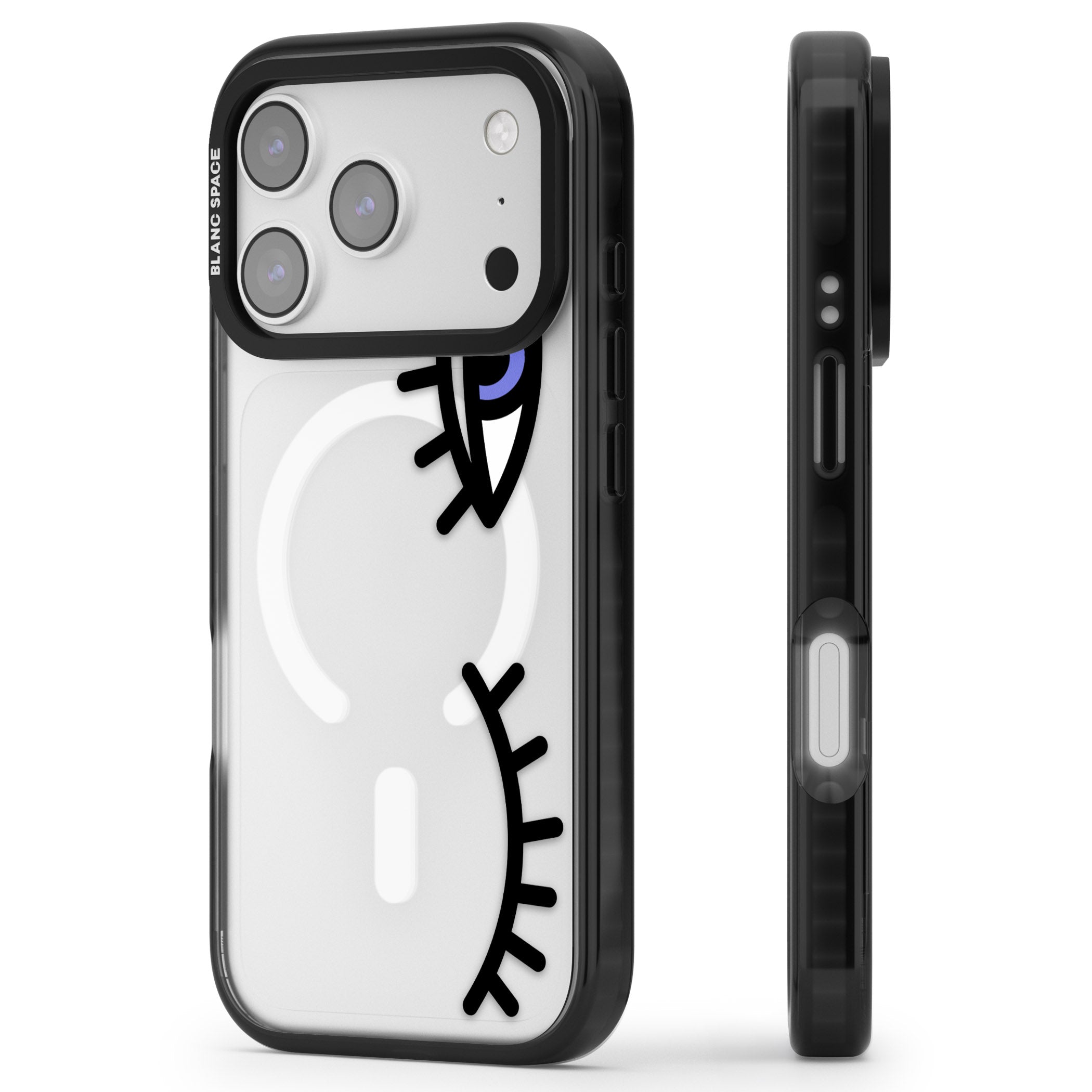 Winking Eyes Transparent Pattern iPhone 17 Pro Impact Pro Black Phone Case Side Profile