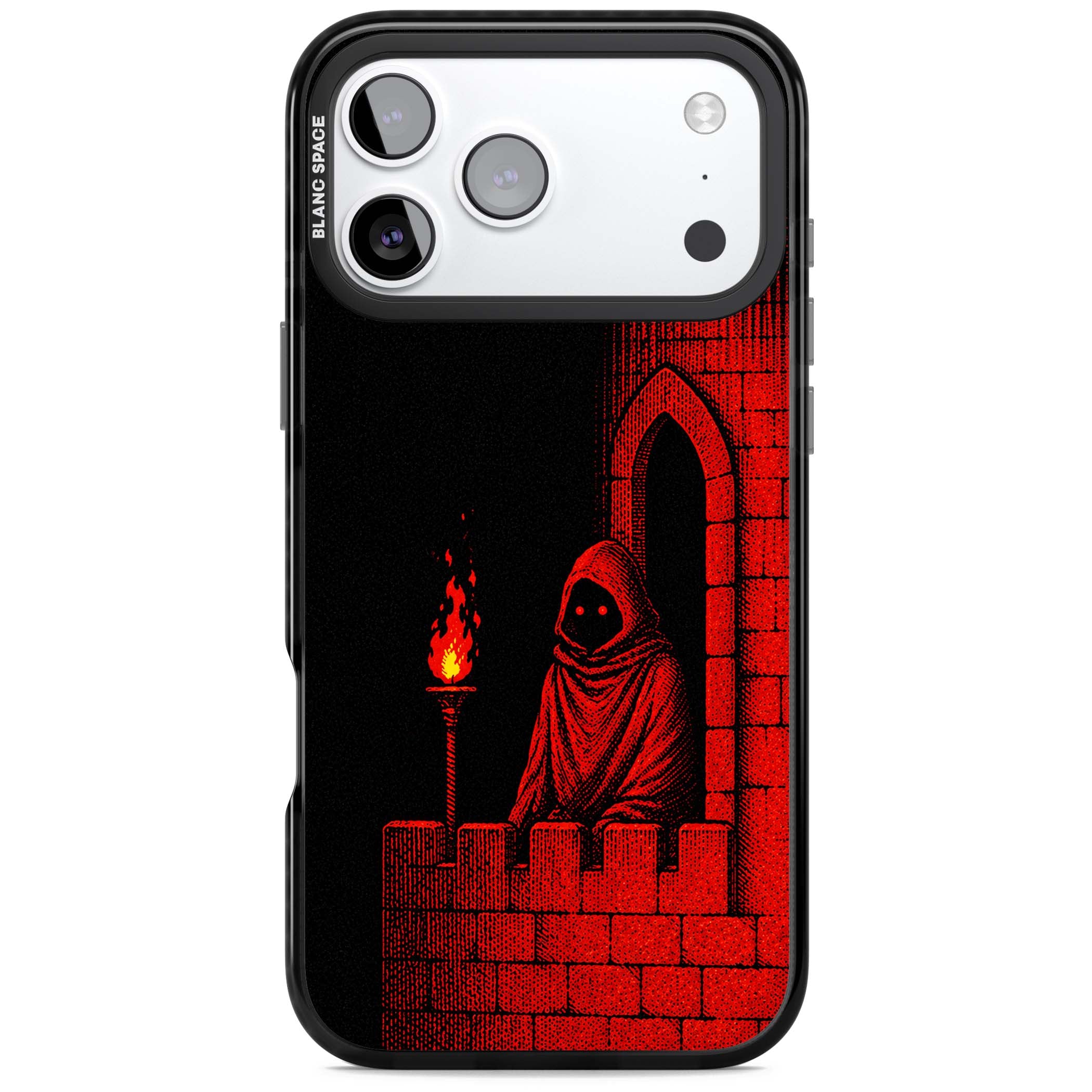 Crimson Crypt gothic iPhone case featuring a hooded reaper, torchlit crypt archway and red halftone horror art | Black Impact Magsafe case for iPhone 17 Pro, iPhone 17 Pro Max