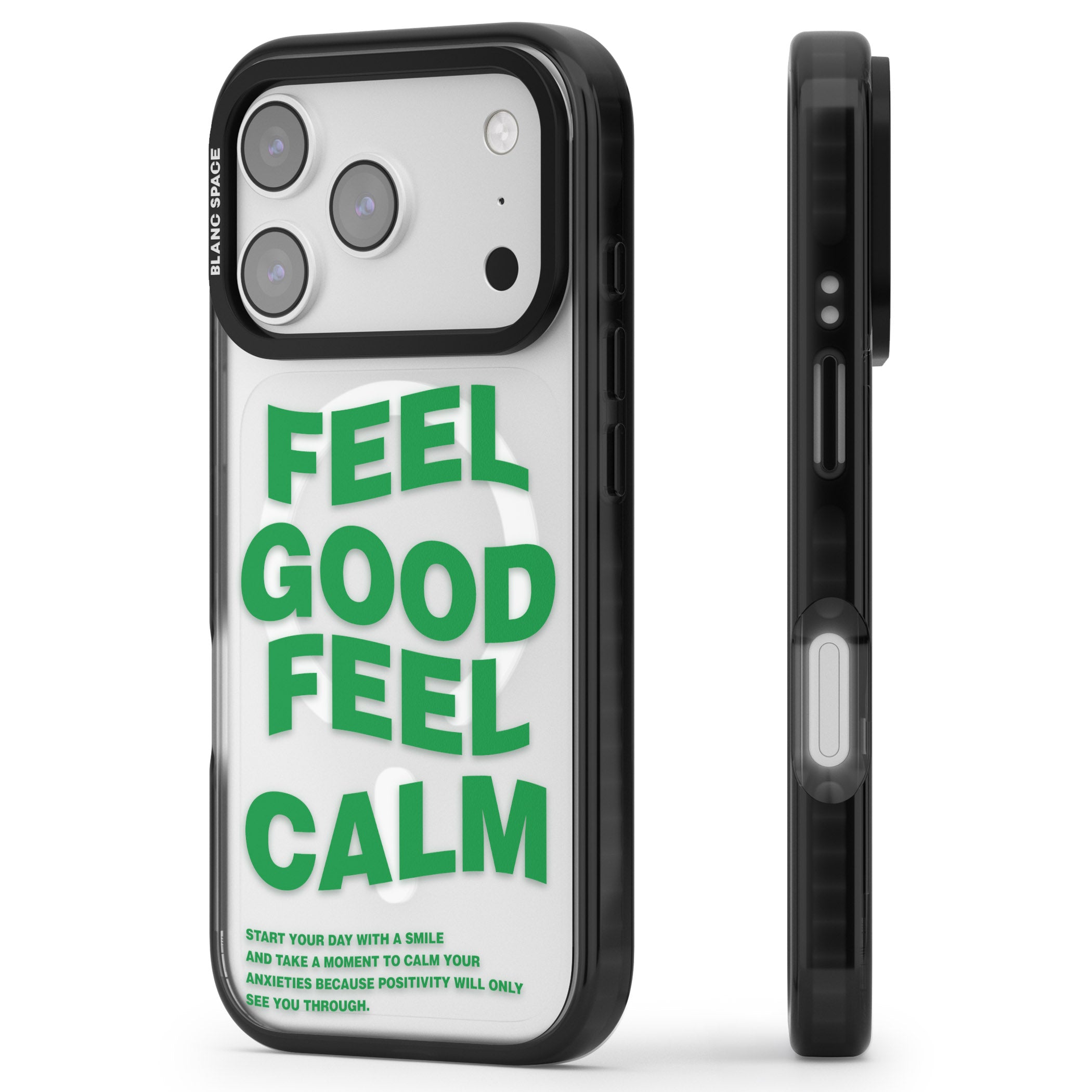 Feel Good Feel Calm (Green) iPhone 17 Pro Max Impact Pro Black Phone Case Side Profile