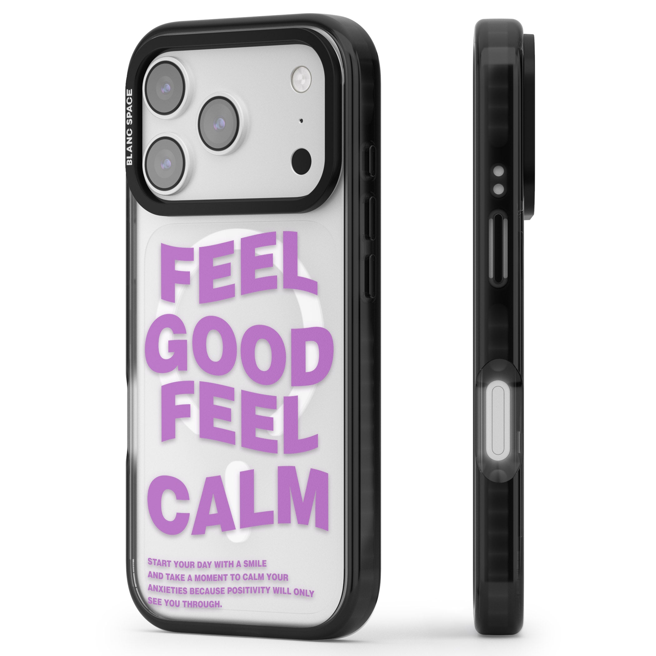Feel Good Feel Calm (Purple) iPhone 17 Pro Max Impact Pro Black Phone Case Side Profile