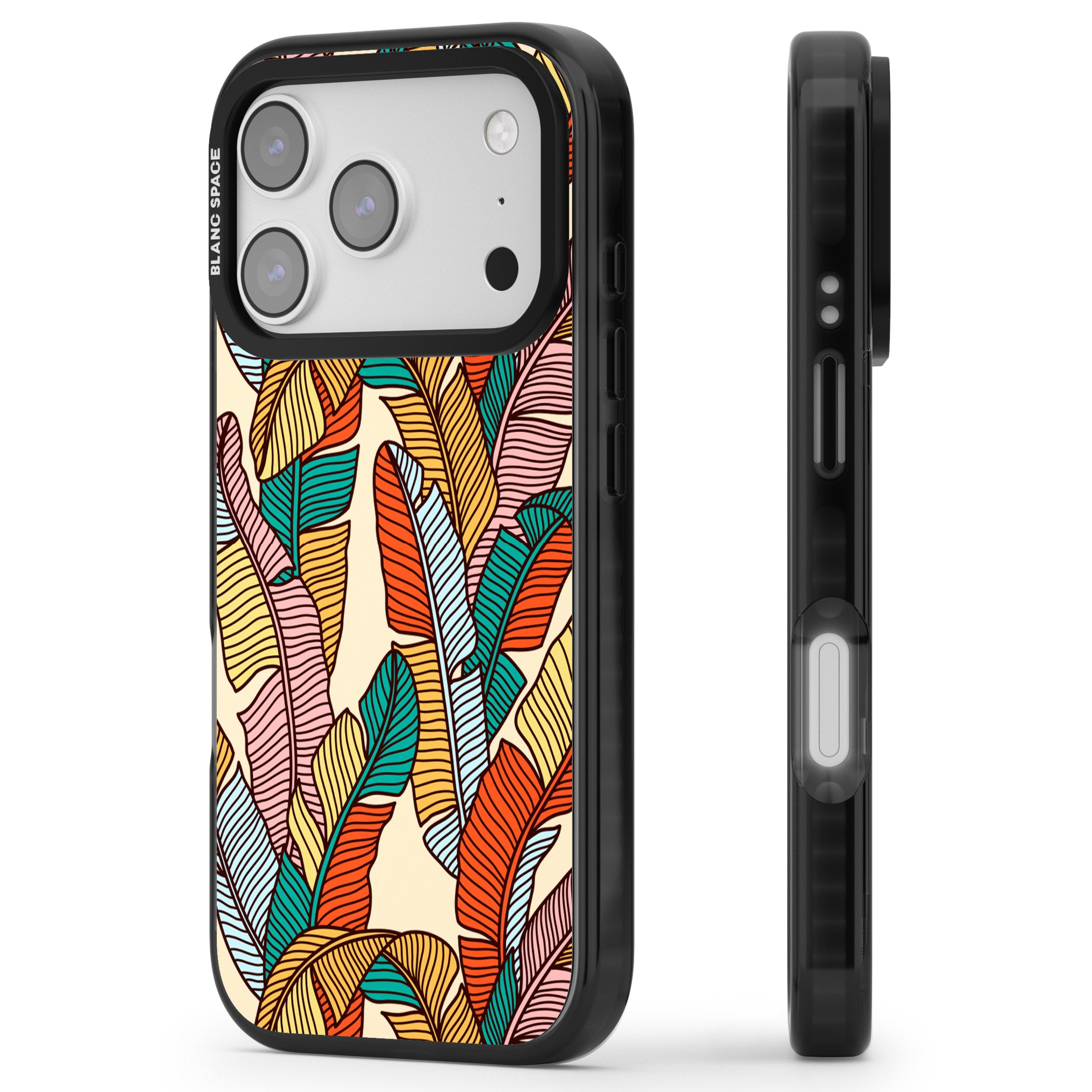 Pastel Palm Leaves iPhone 17 Pro Impact Pro Black Phone Case Side Profile