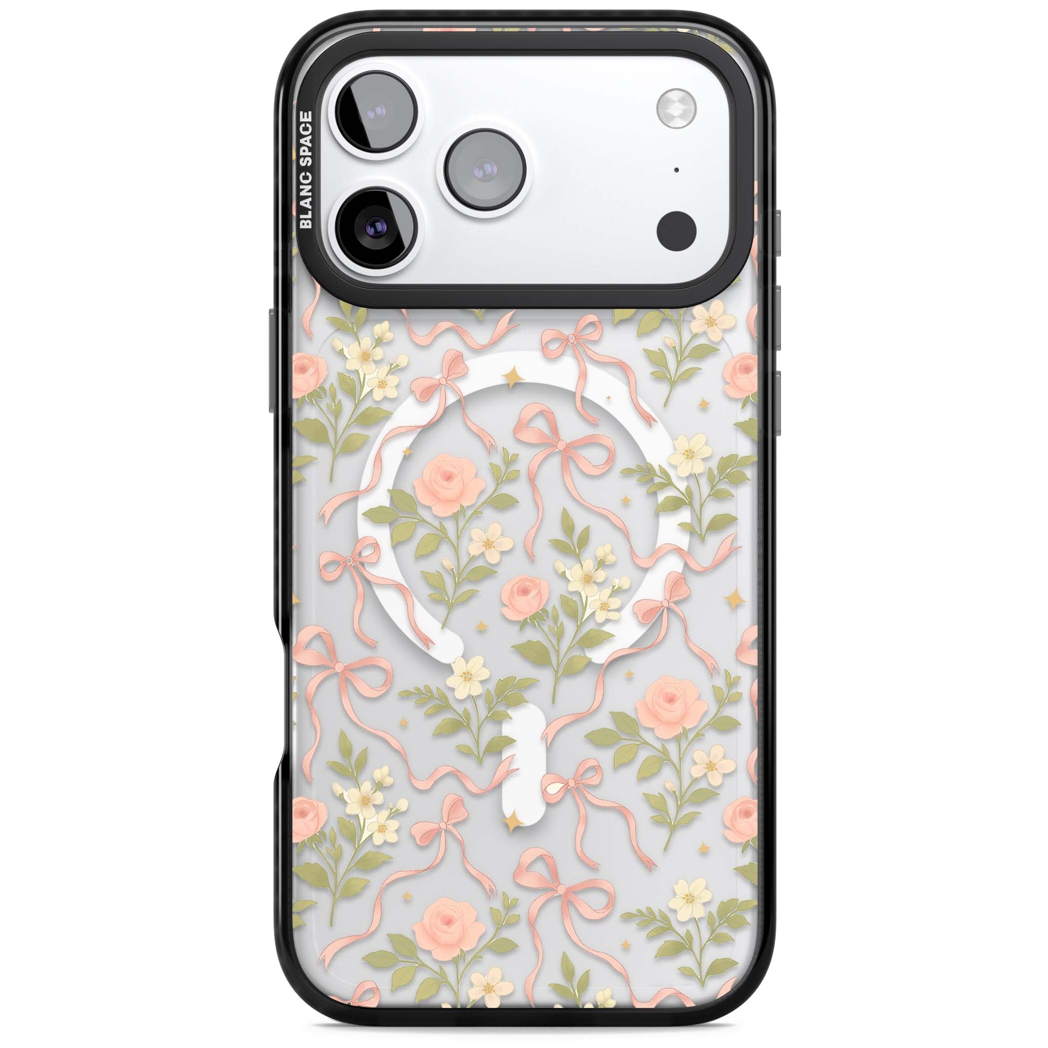Ribbon Garden coquette iPhone case featuring pink bows, peach roses and wildflowers on white background | Black Impact Magsafe case for iPhone 17 Pro, iPhone 17 Pro Max