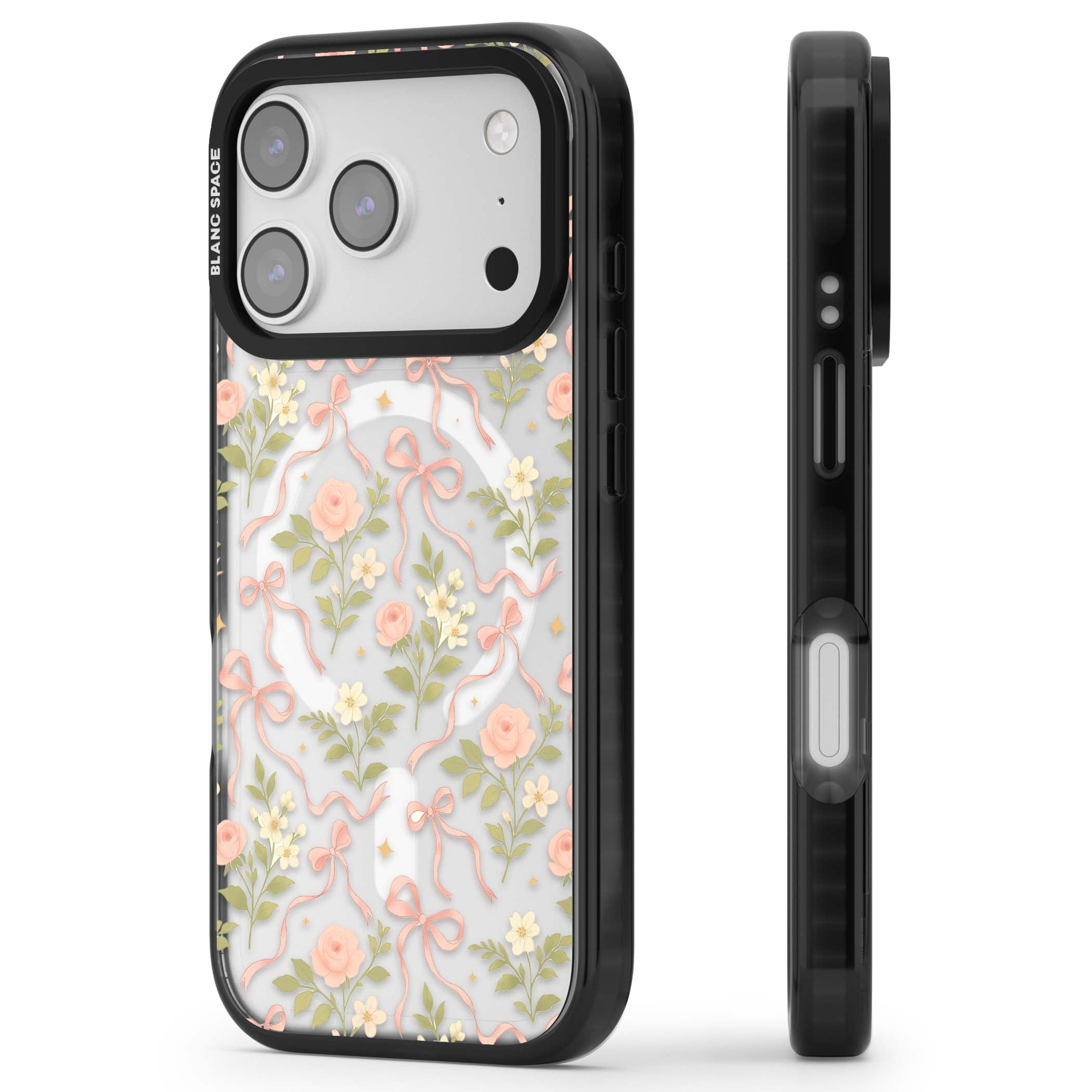 Ribbon Garden coquette iPhone case featuring pink bows, peach roses and wildflowers on white background | Black Impact Magsafe case for iPhone 17 Pro, iPhone 17 Pro Max