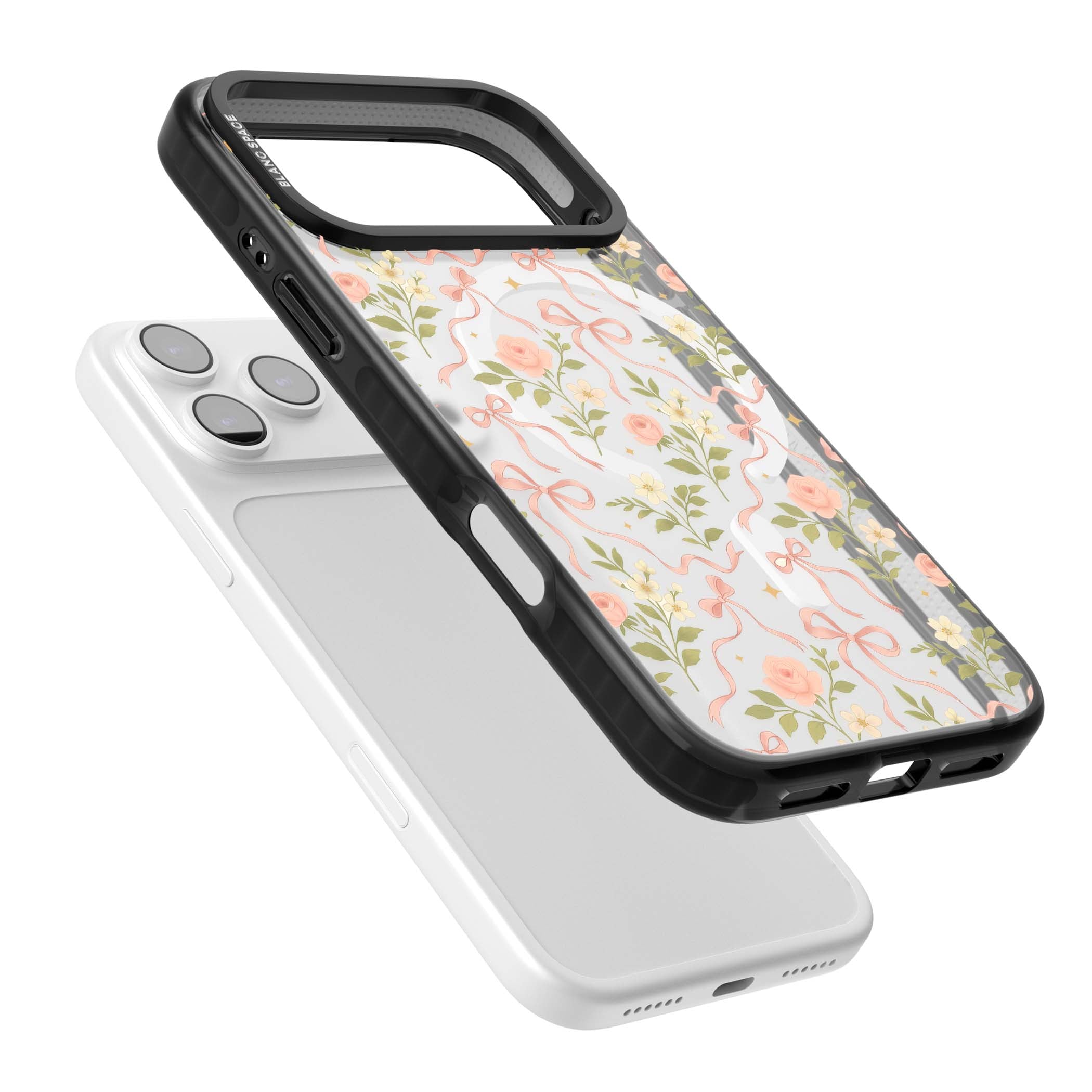 Ribbon Garden coquette iPhone case featuring pink bows, peach roses and wildflowers on white background | Black Impact Magsafe case for iPhone 17 Pro, iPhone 17 Pro Max