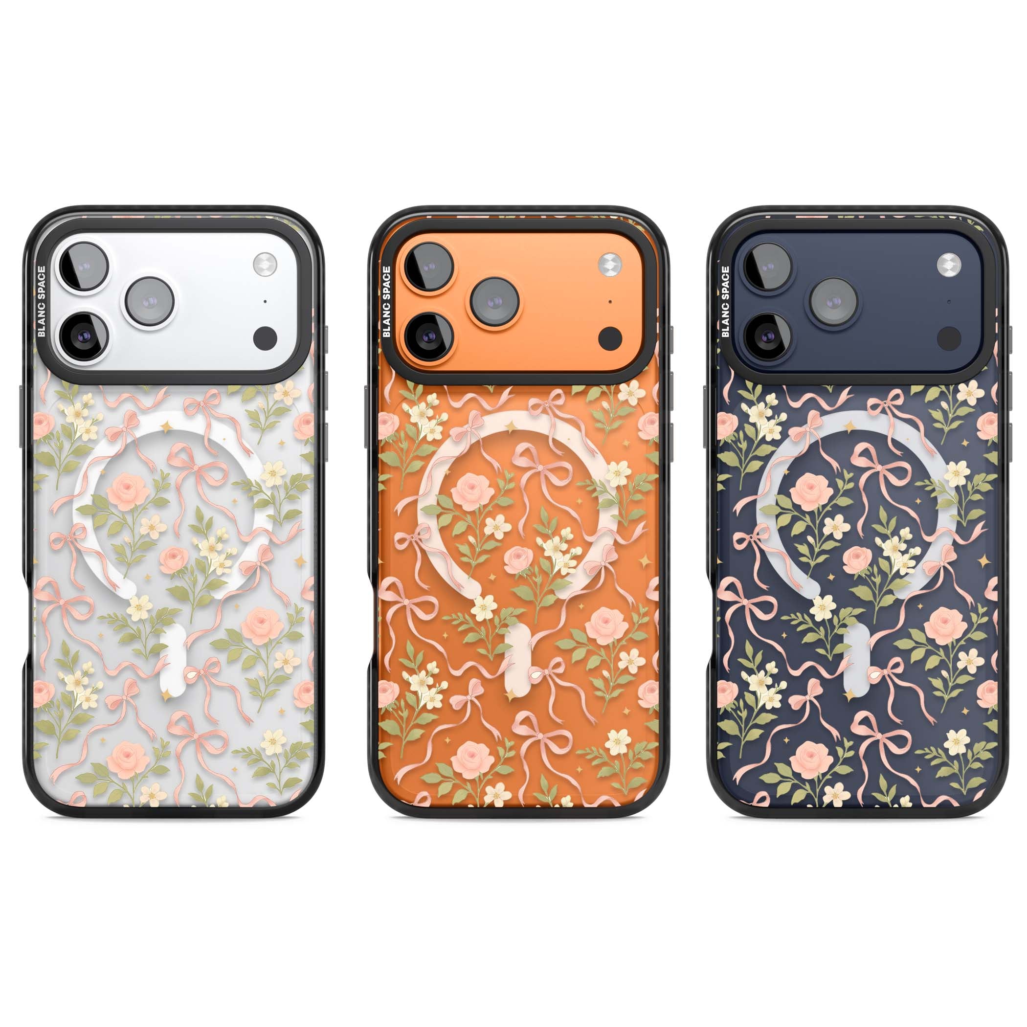 Ribbon Garden coquette iPhone case featuring pink bows, peach roses and wildflowers on white background | Black Impact Magsafe case for iPhone 17 Pro, iPhone 17 Pro Max