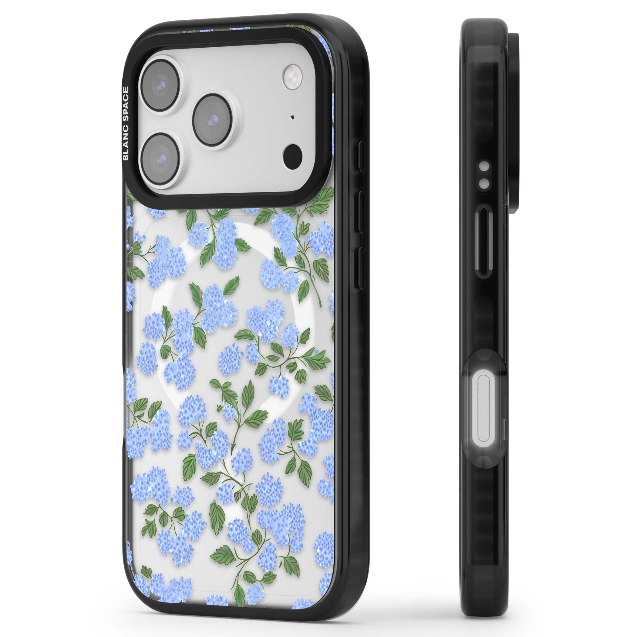 Hydrangea Dreams cottagecore iPhone case featuring soft blue hydrangea flower clusters and green leaves | Black Impact Magsafe case for iPhone 17 Pro, iPhone 17 Pro Max