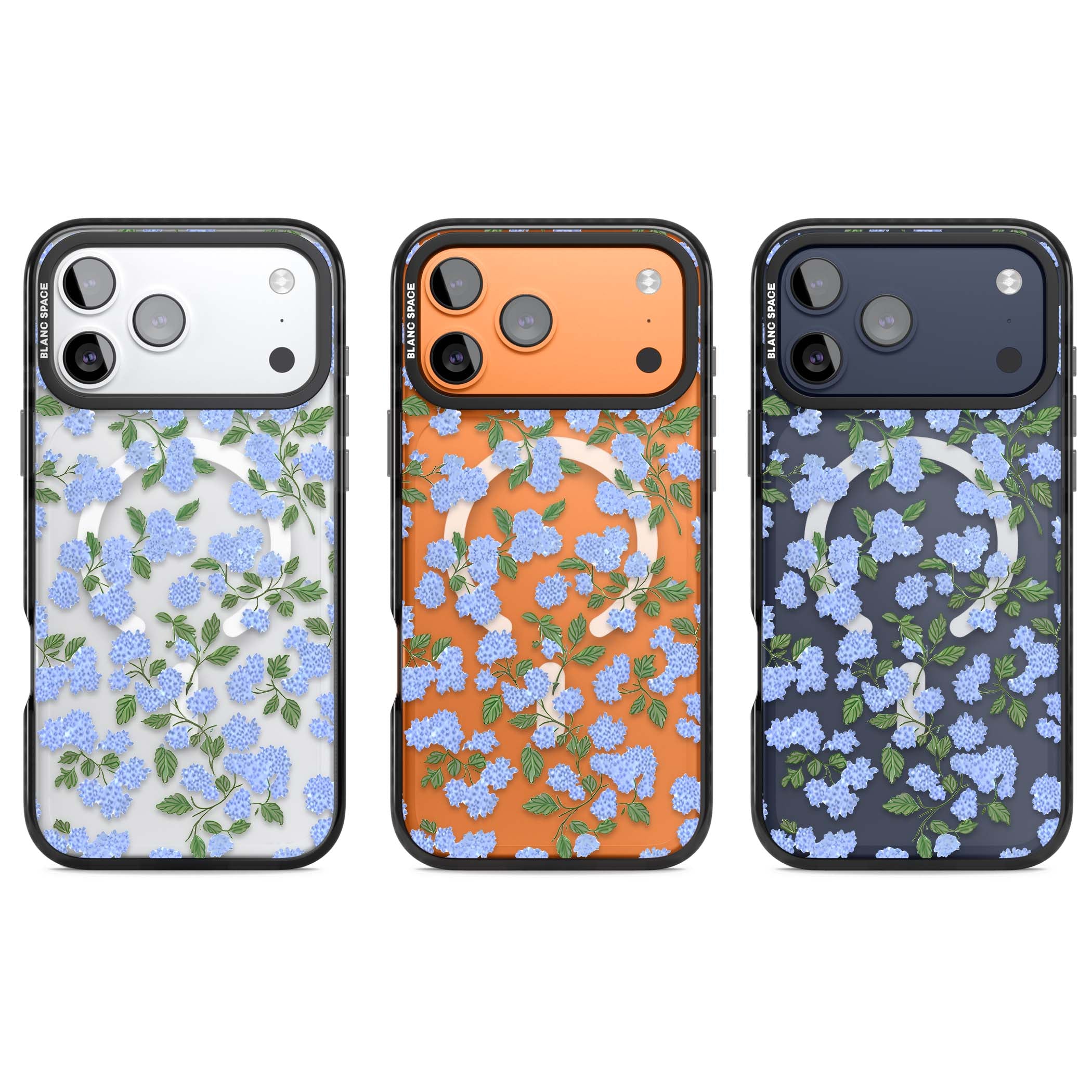 Hydrangea Dreams cottagecore iPhone case featuring soft blue hydrangea flower clusters and green leaves | Black Impact Magsafe case for iPhone 17 Pro, iPhone 17 Pro Max