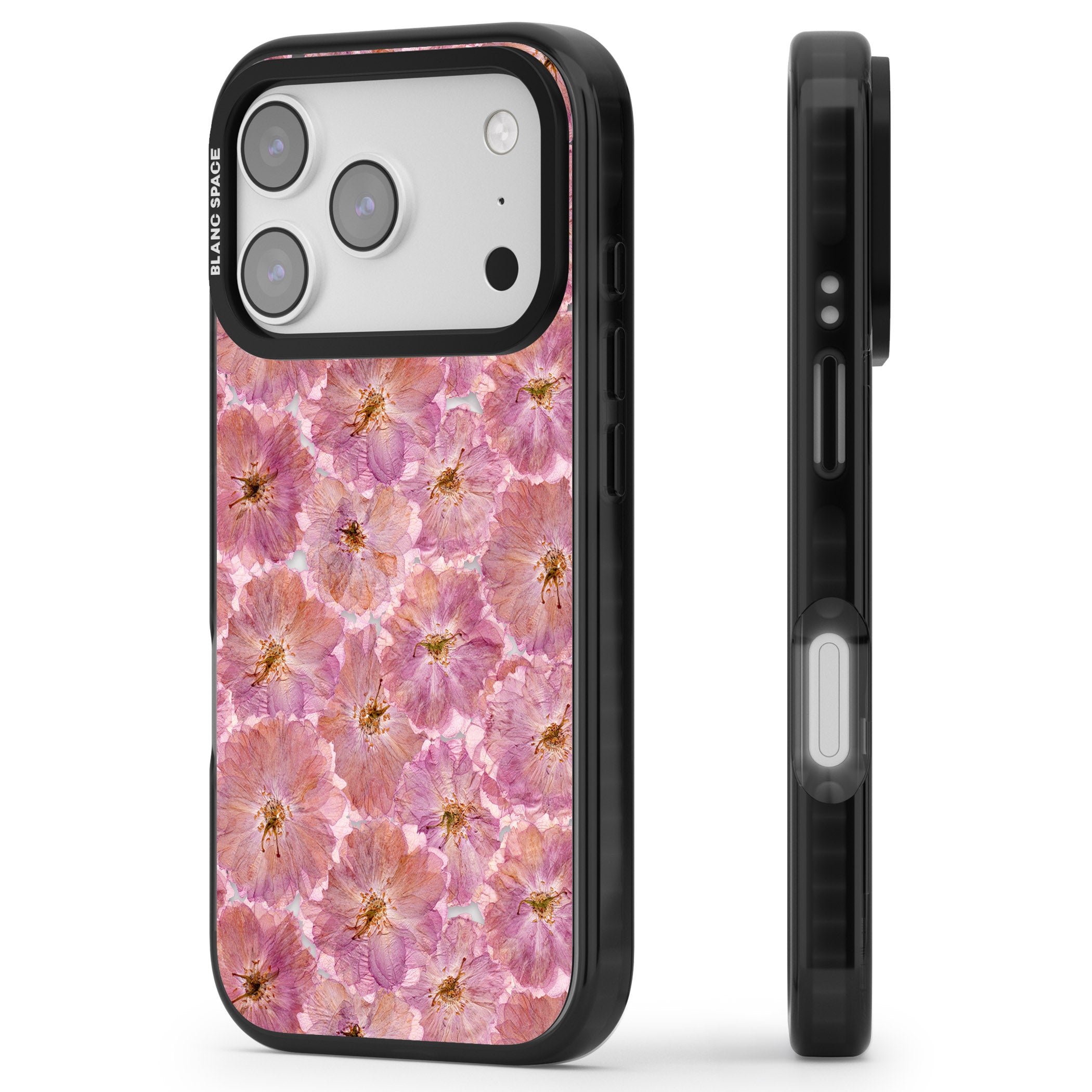 Large Pink Florals iPhone 17 Pro Impact Pro Black Phone Case Side Profile