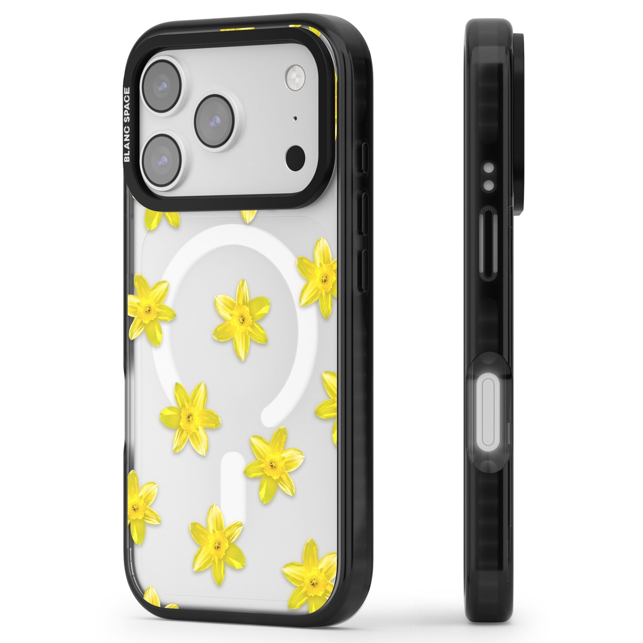 Daffodils Transparent Pattern iPhone 17 Pro Impact Pro Black Phone Case Side Profile