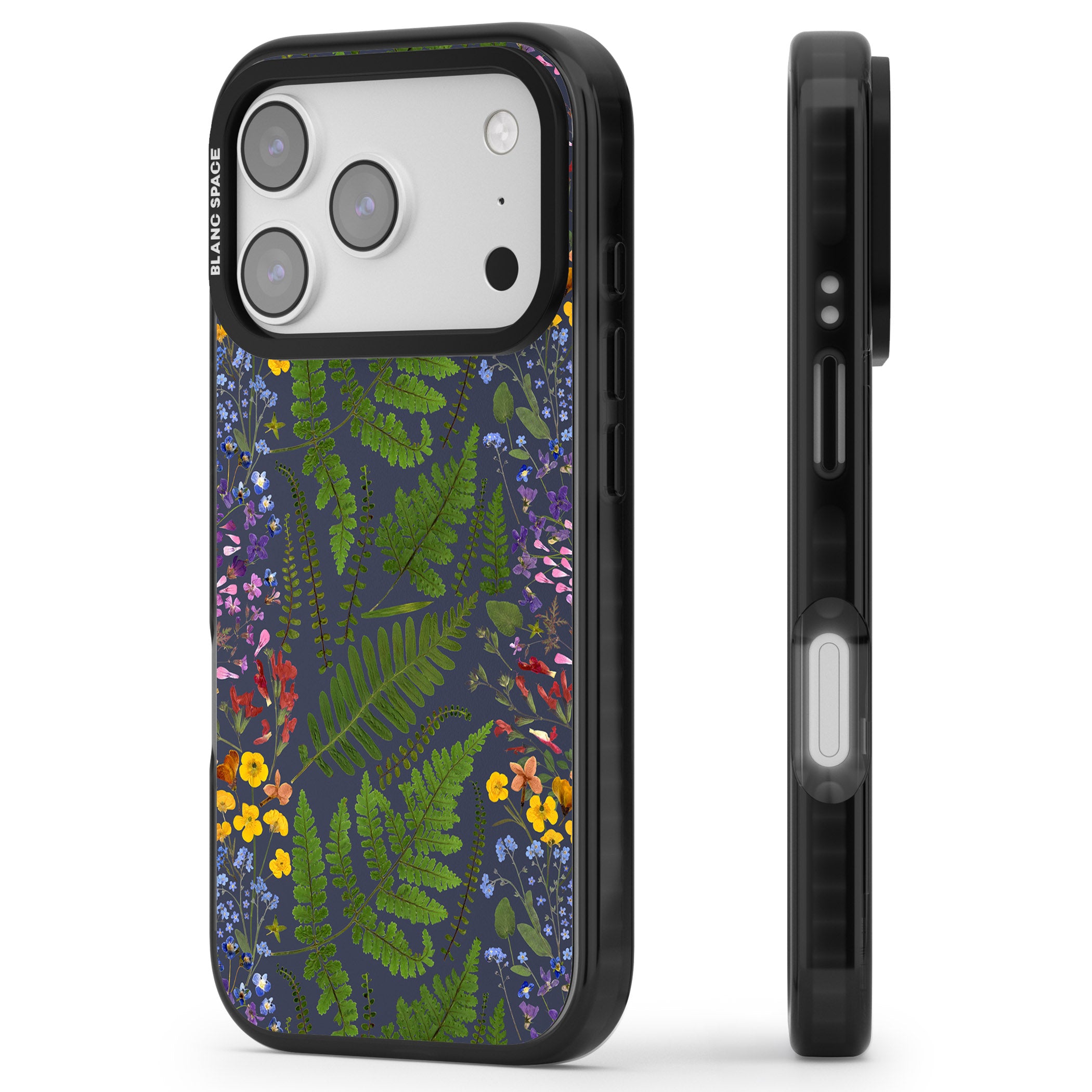 Busy Floral And Fern Design Navy iPhone 17 Pro Impact Pro Black Phone Case Side Profile