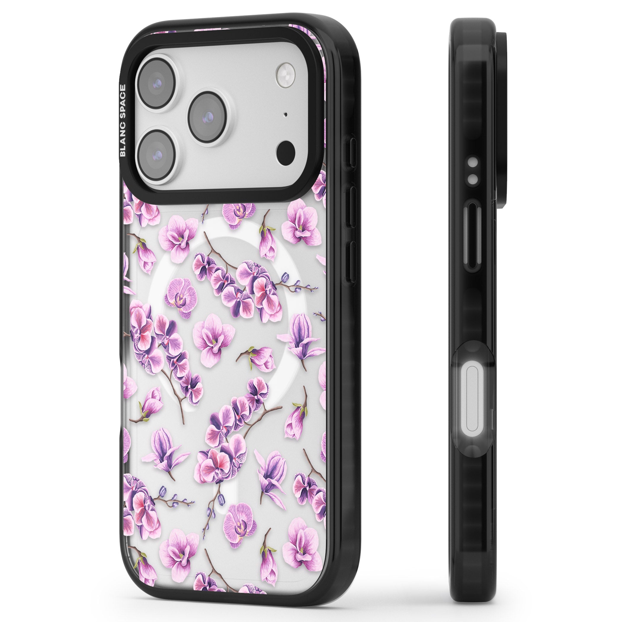 Purple Orchids Floral iPhone 17 Pro Max Impact Pro Black Phone Case Side Profile