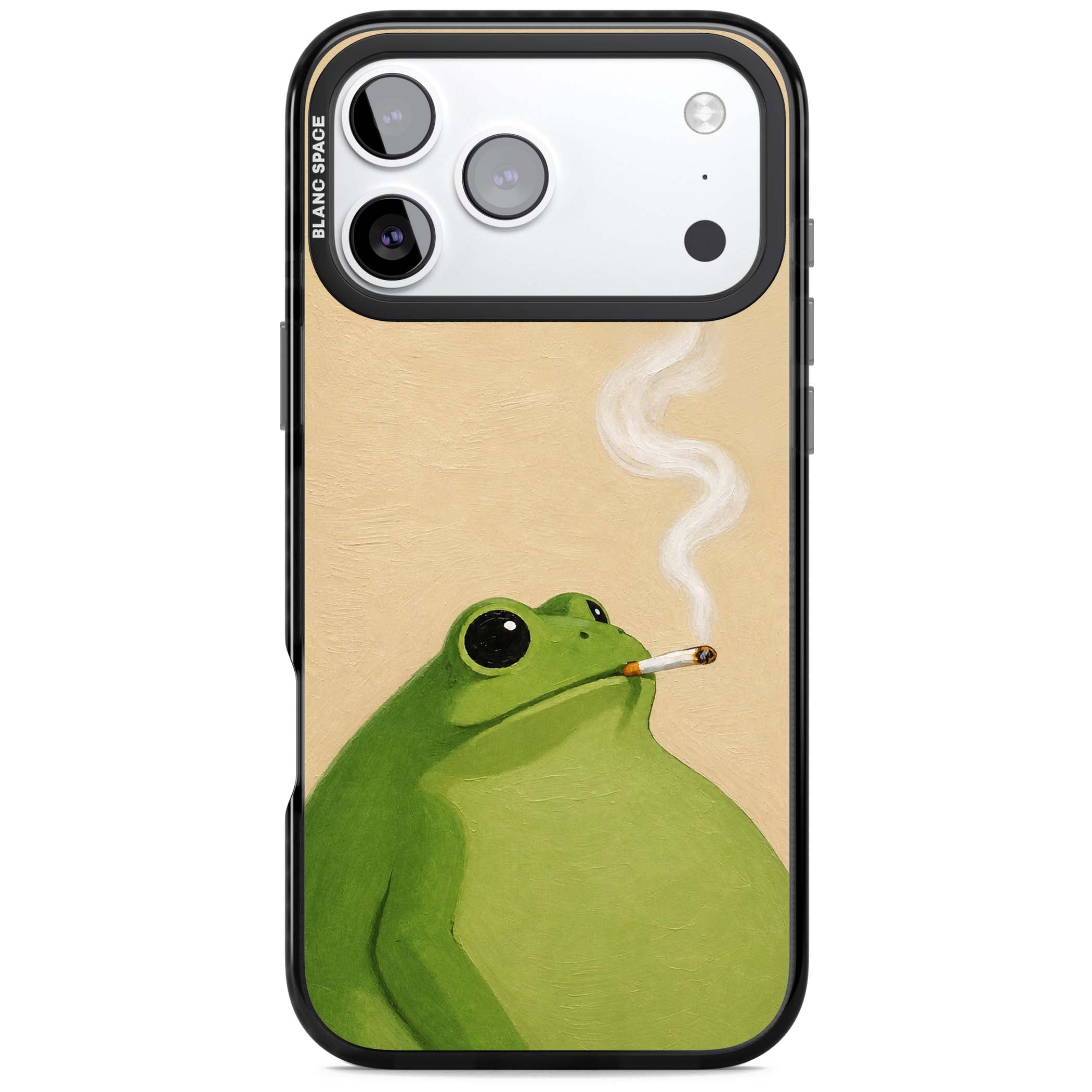 The Smoking Frog cottagecore iPhone case featuring a hand-painted green frog smoking a cigarette on a cream oil painting back | Black Impact Magsafe case for iPhone 17 Pro, iPhone 17 Pro Max
