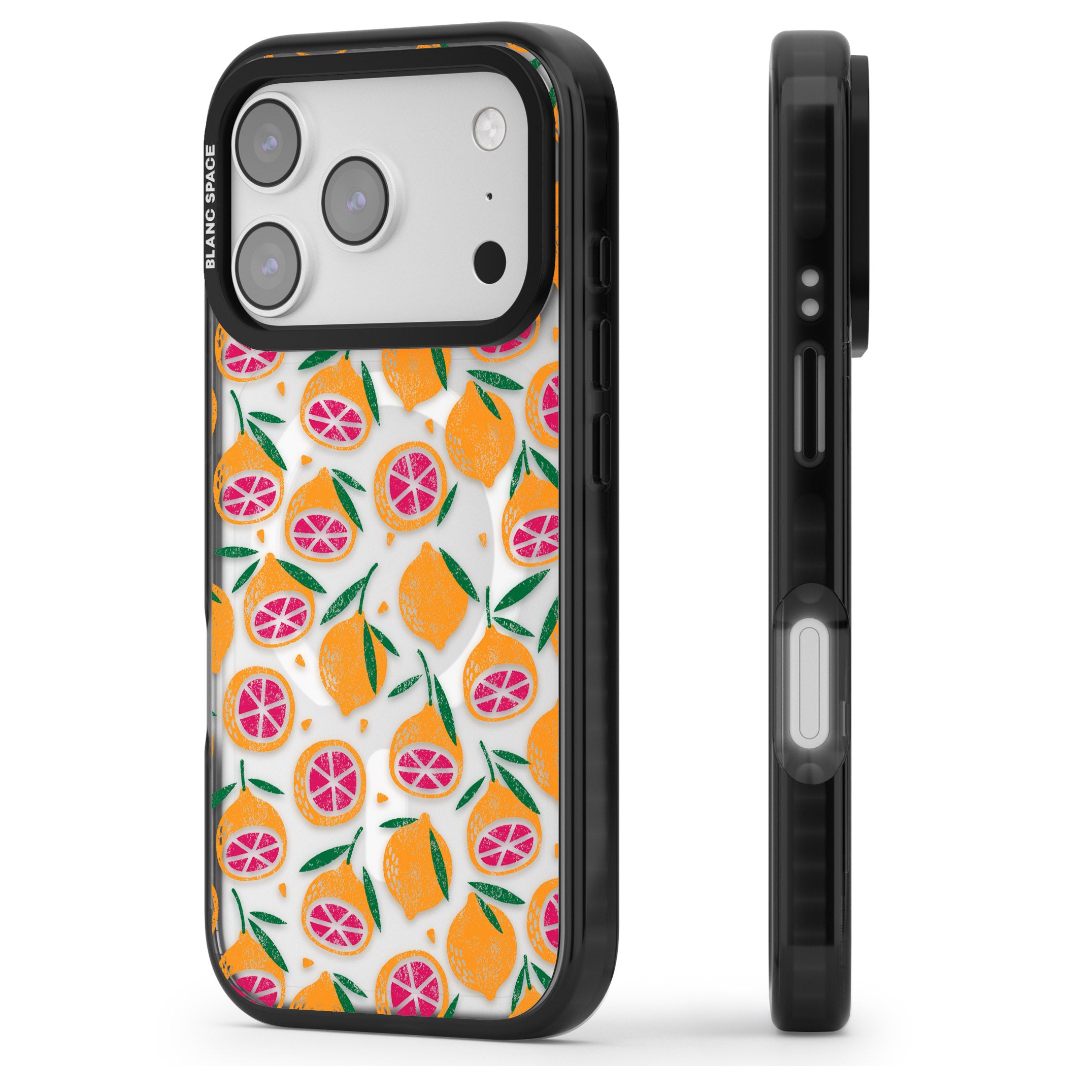 Blood Orange Fruit Pattern Transparent iPhone 17 Pro Impact Pro Black Phone Case Side Profile