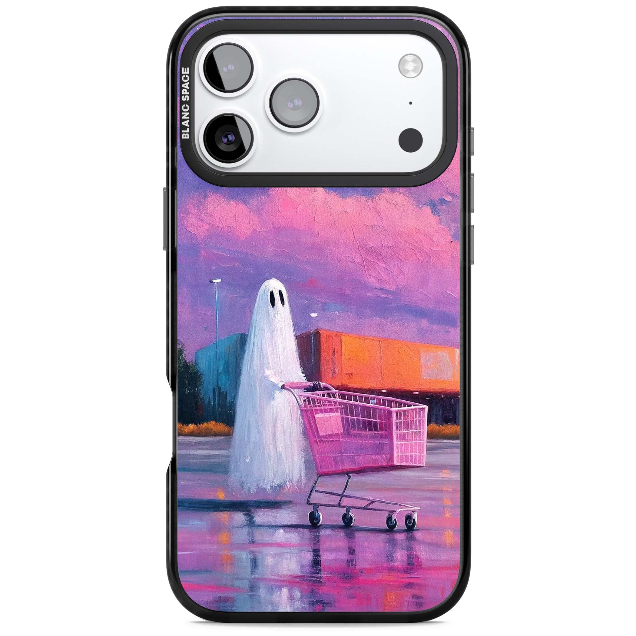 A Ghost's Errand ghost halloween iPhone case featuring a painted ghost, pink shopping trolley and purple sunset sky | Black Impact Magsafe case for iPhone 17 Pro, iPhone 17 Pro Max