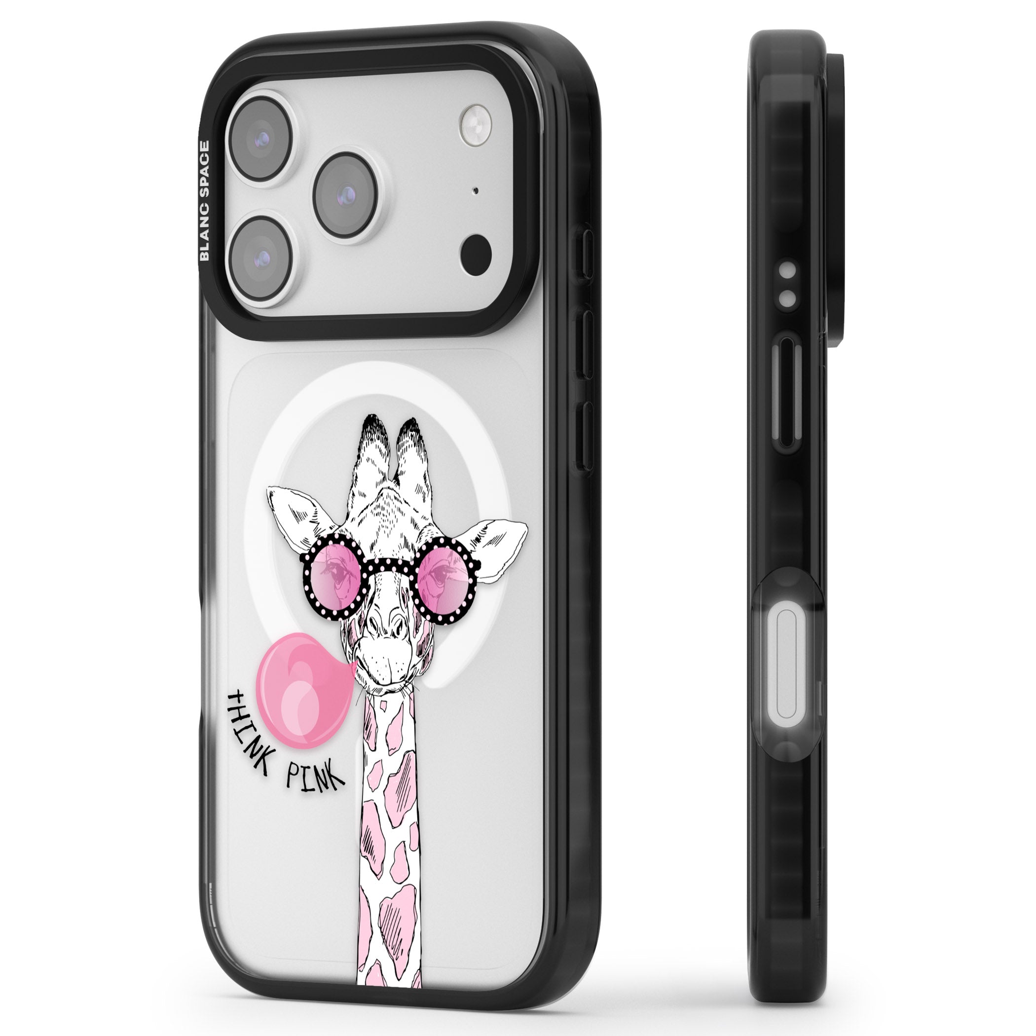 Think Pink Giraffe iPhone 17 Pro Impact Pro Black Phone Case Side Profile