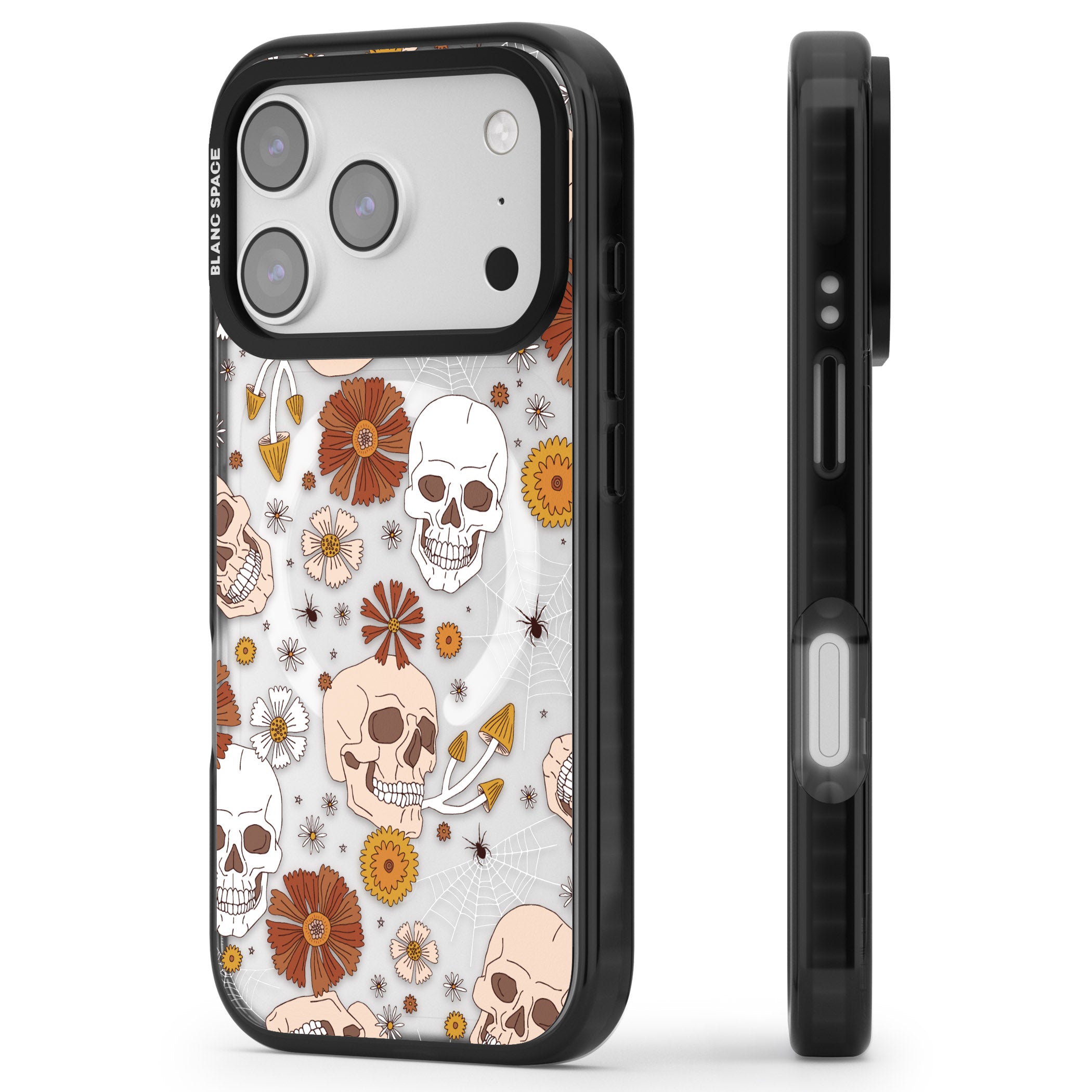 Halloween Skulls And Flowers iPhone 17 Pro Max Impact Pro Black Phone Case Side Profile