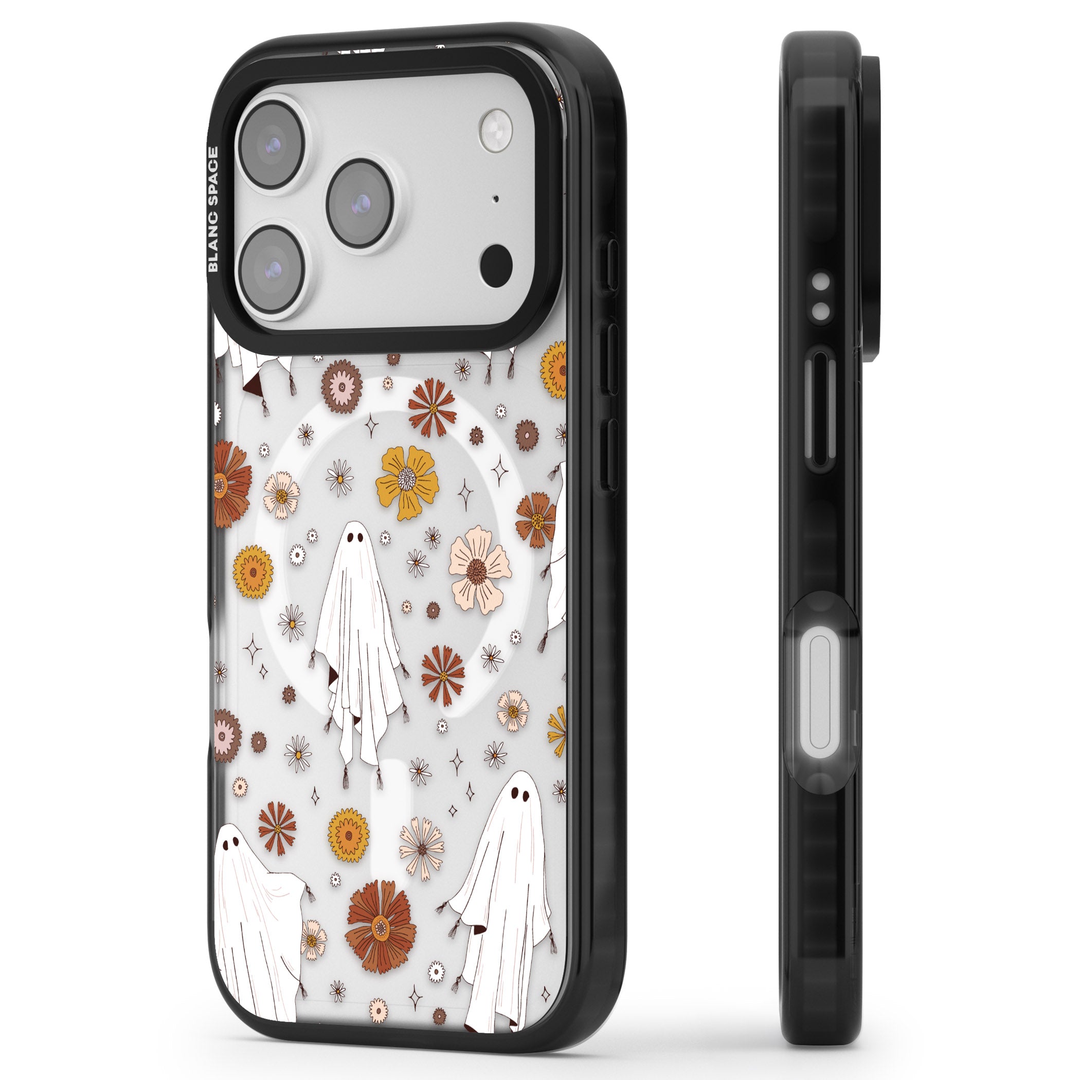 Halloween Ghosts And Flowers iPhone 17 Pro Max Impact Pro Black Phone Case Side Profile